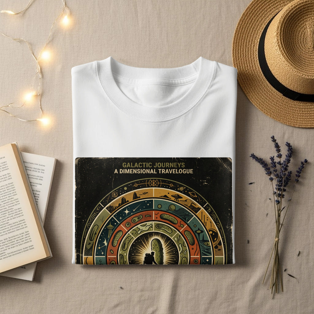White t-shirt with a "Galactic Journeys: A Dimensional Travelogue" book cover design.