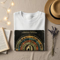 White t-shirt with a "Galactic Journeys: A Dimensional Travelogue" book cover design.