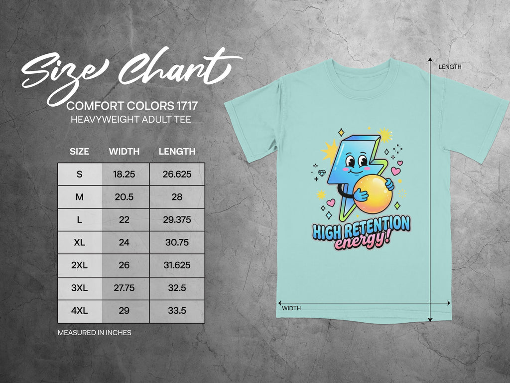 Comfort Colors 1717 size chart for heavyweight adult tees.