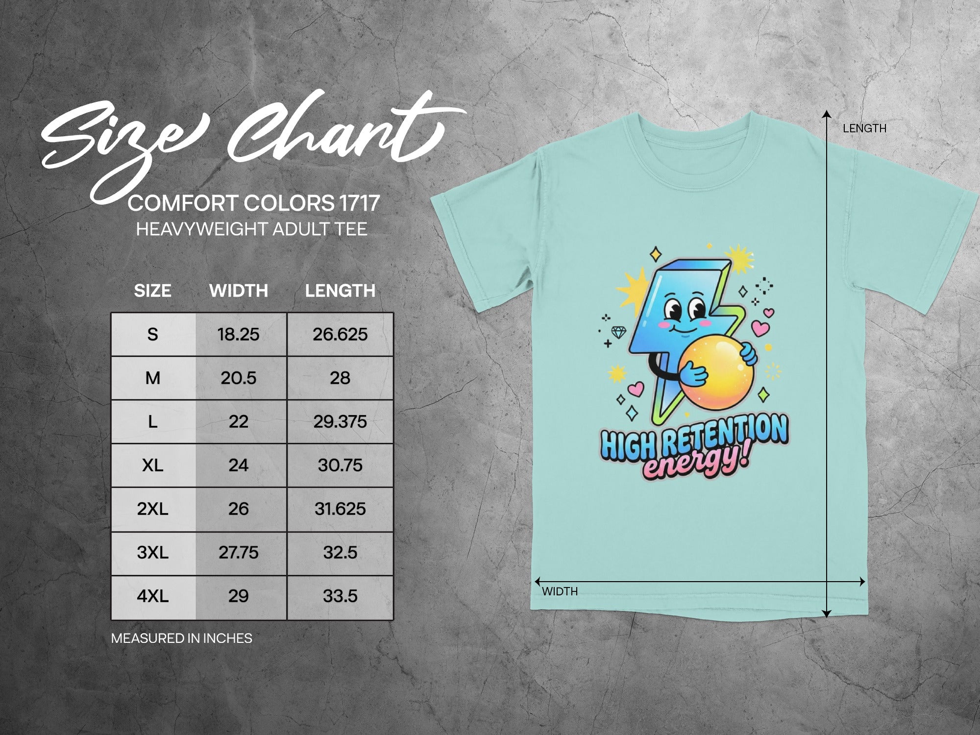 Comfort Colors 1717 size chart for heavyweight adult tees.