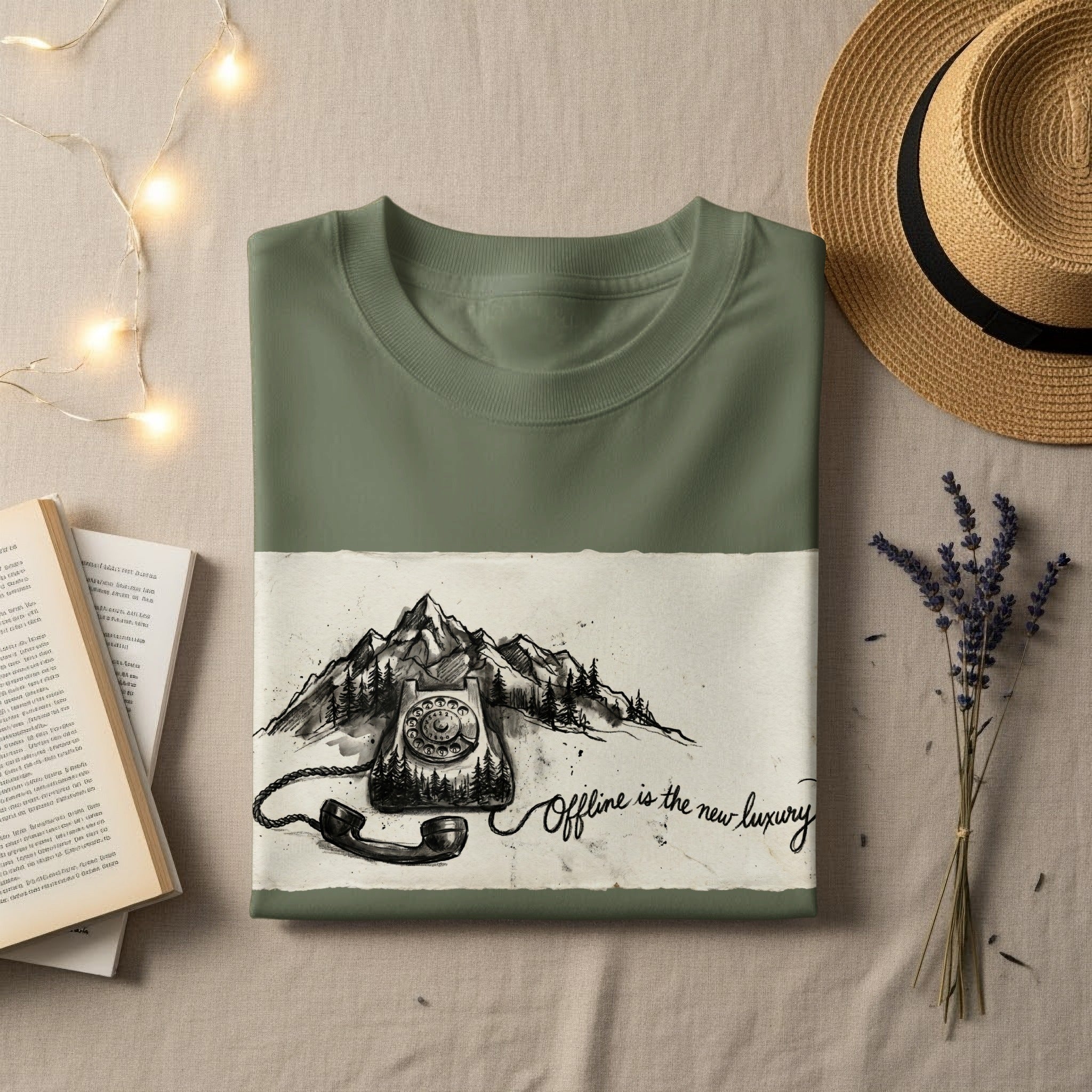 Green t-shirt with "Offline is the new luxury" printed on it.