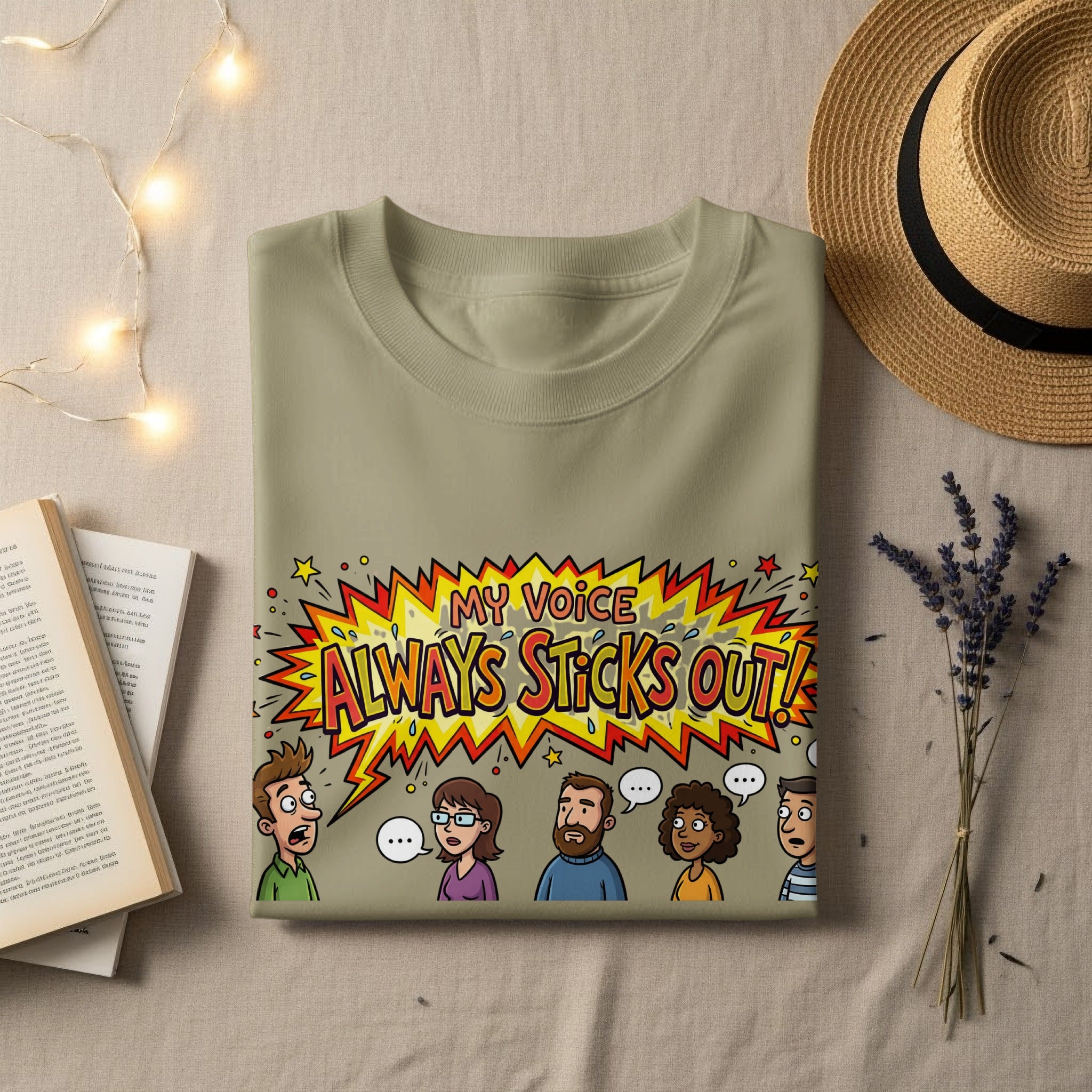 Olive t-shirt with cartoon people and "MY VOICE ALWAYS STICKS OUT!" text.