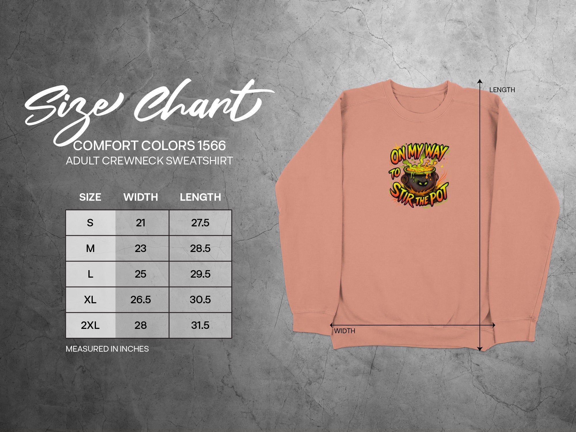 Size chart for Comfort Colors 1566 adult crewneck sweatshirt.