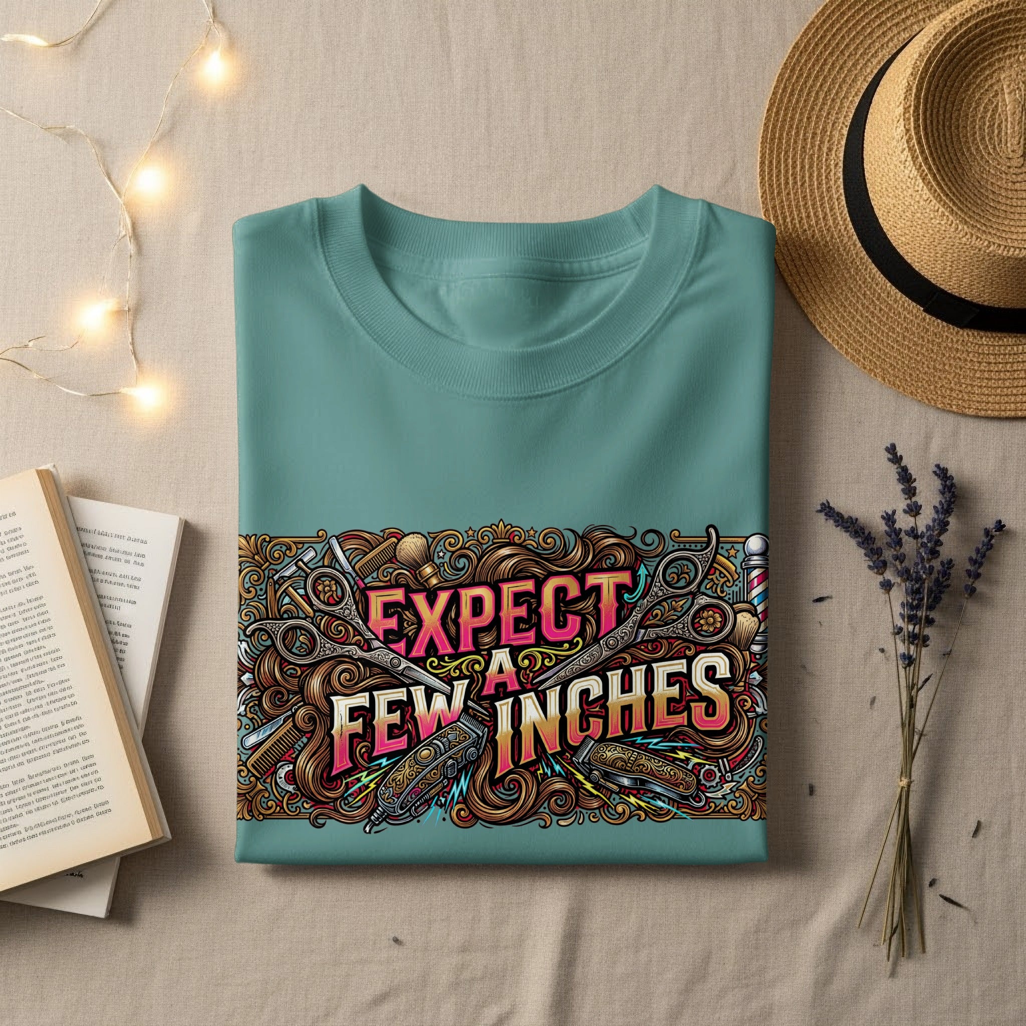 Teal t-shirt with "Expect a Few Inches" graphic and barber tools.