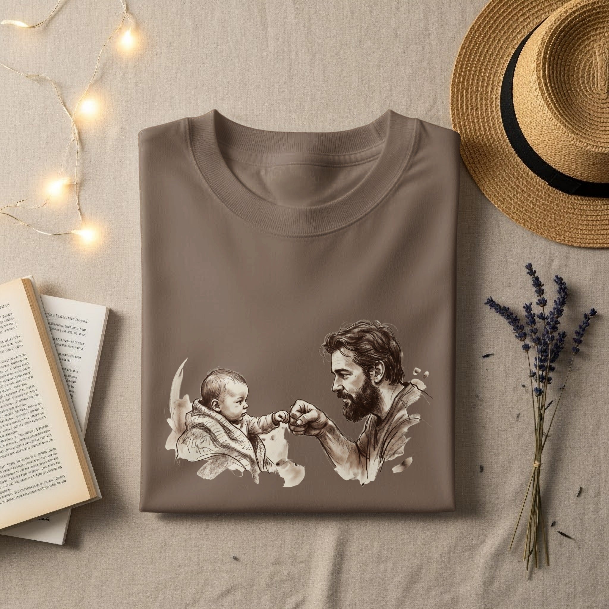Fist bump between a man and baby on a brown t-shirt.