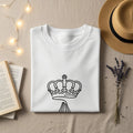 White t-shirt with a black line drawing of a crown.