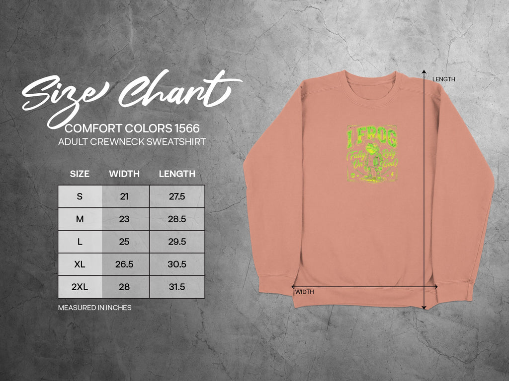 Comfort Colors 1566 adult sweatshirt size chart with measurements.