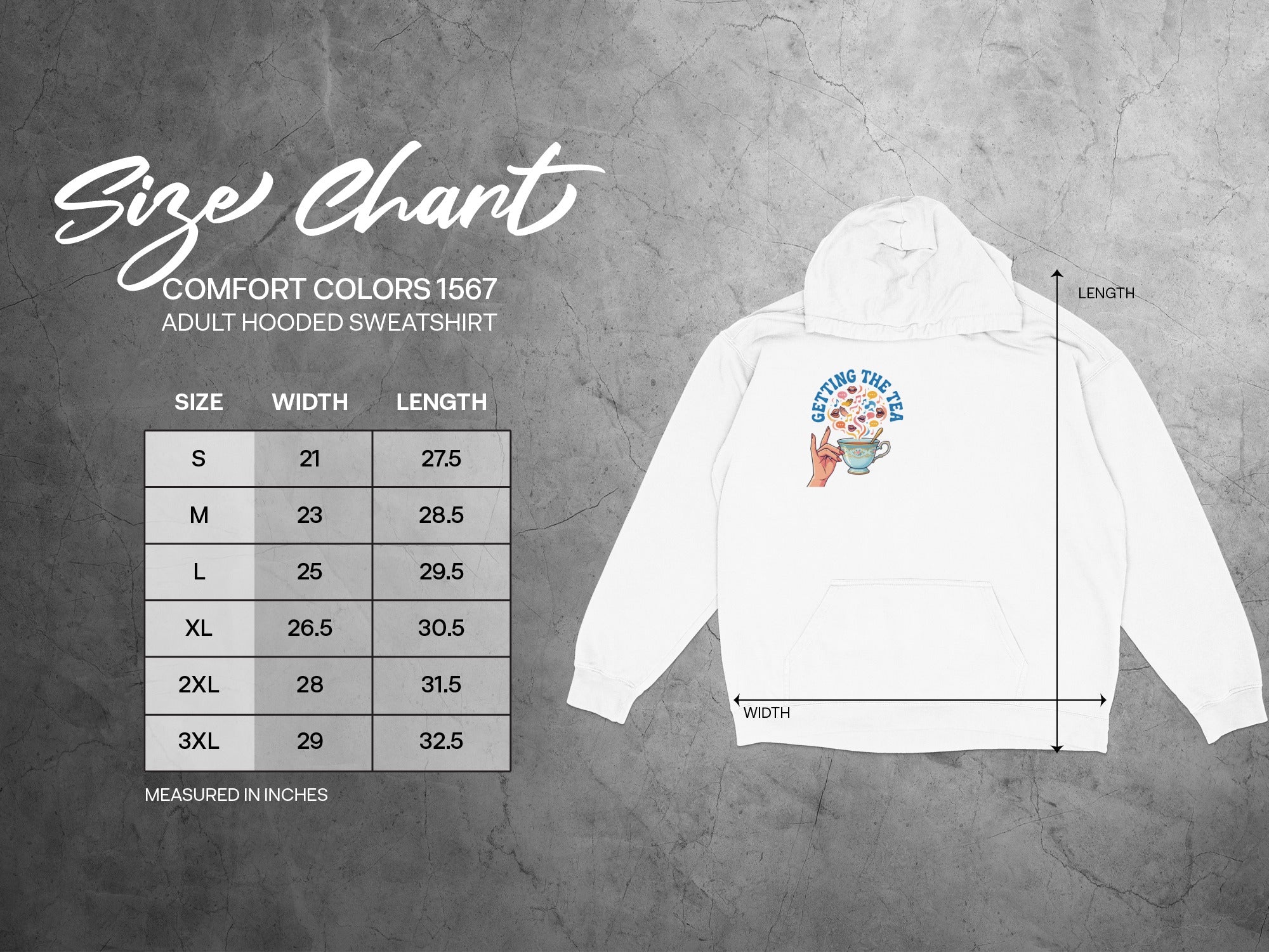 Comfort Colors 1567 adult hooded sweatshirt size chart with width and length measurements.