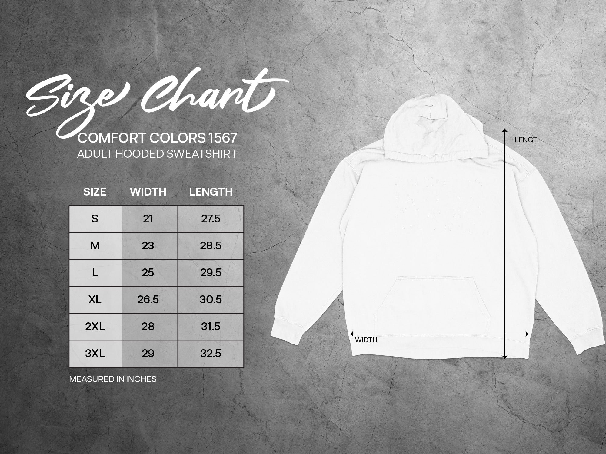Size chart for Comfort Colors 1567 adult hooded sweatshirt.