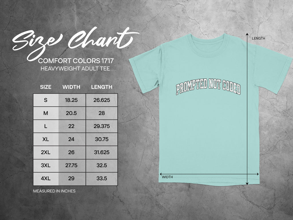 Comfort Colors 1717 heavyweight adult tee size chart with measurements.