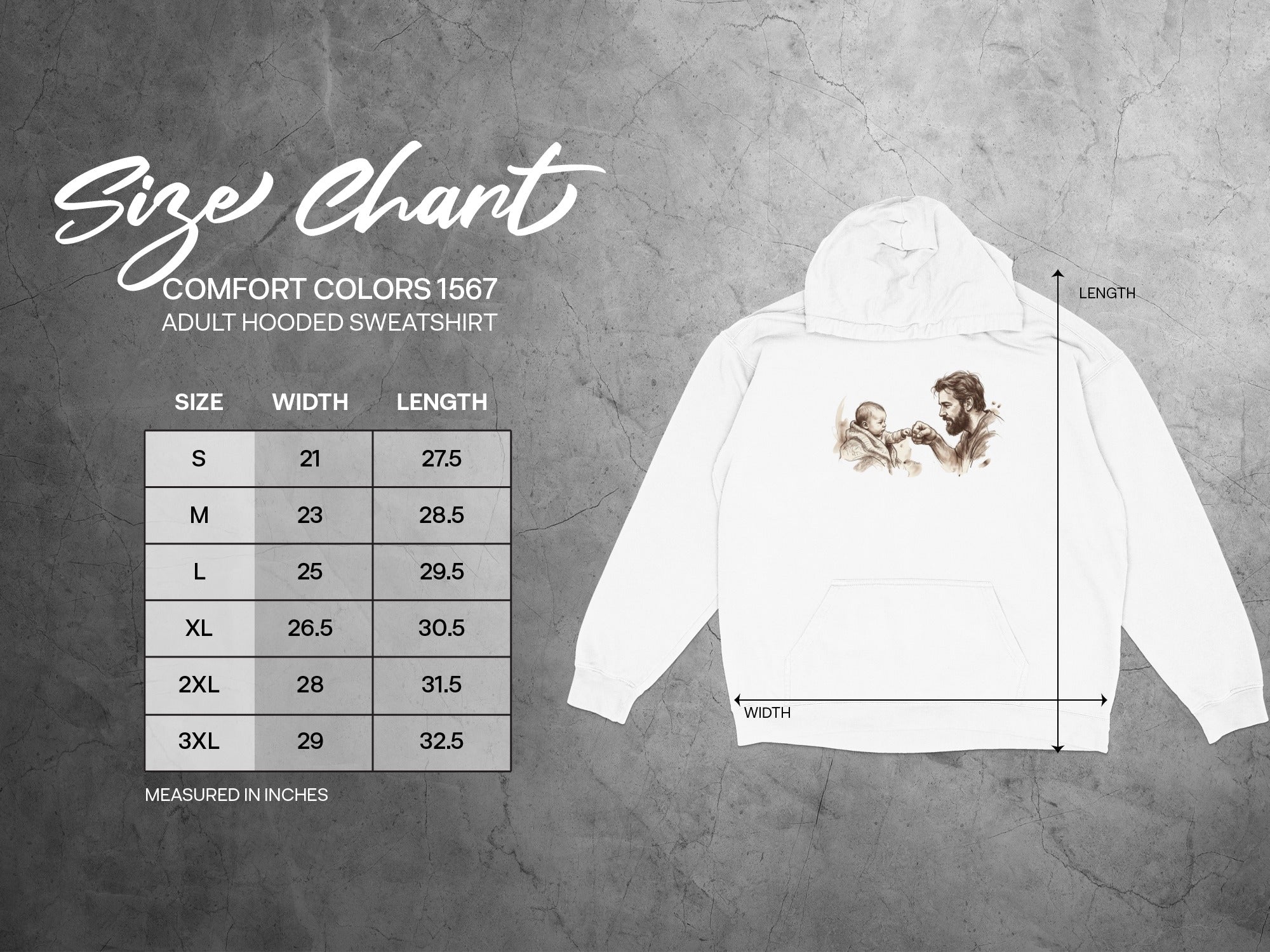 Comfort Colors 1567 adult hooded sweatshirt size chart with measurements in inches.