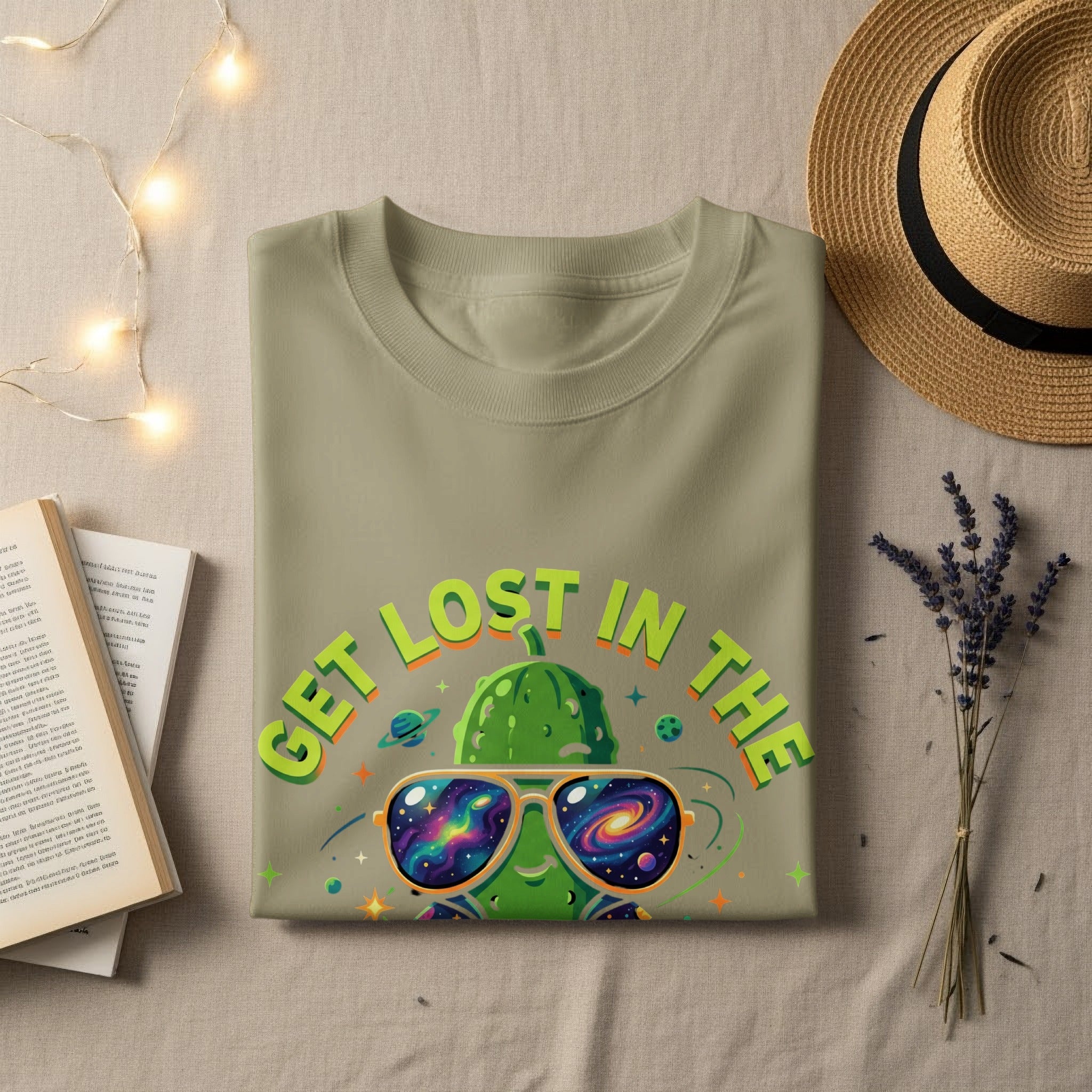 T-shirt with green graphic of a smiling pickle wearing sunglasses, "GET LOST IN THE".