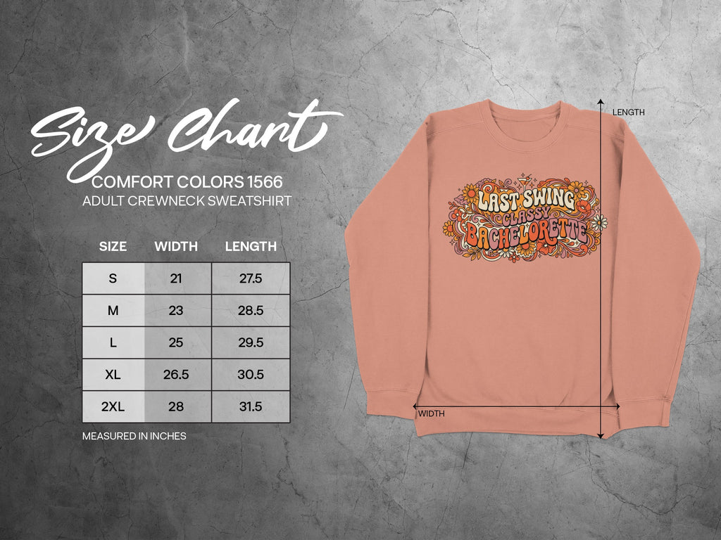 Comfort Colors 1566 sweatshirt size chart with measurements in inches.