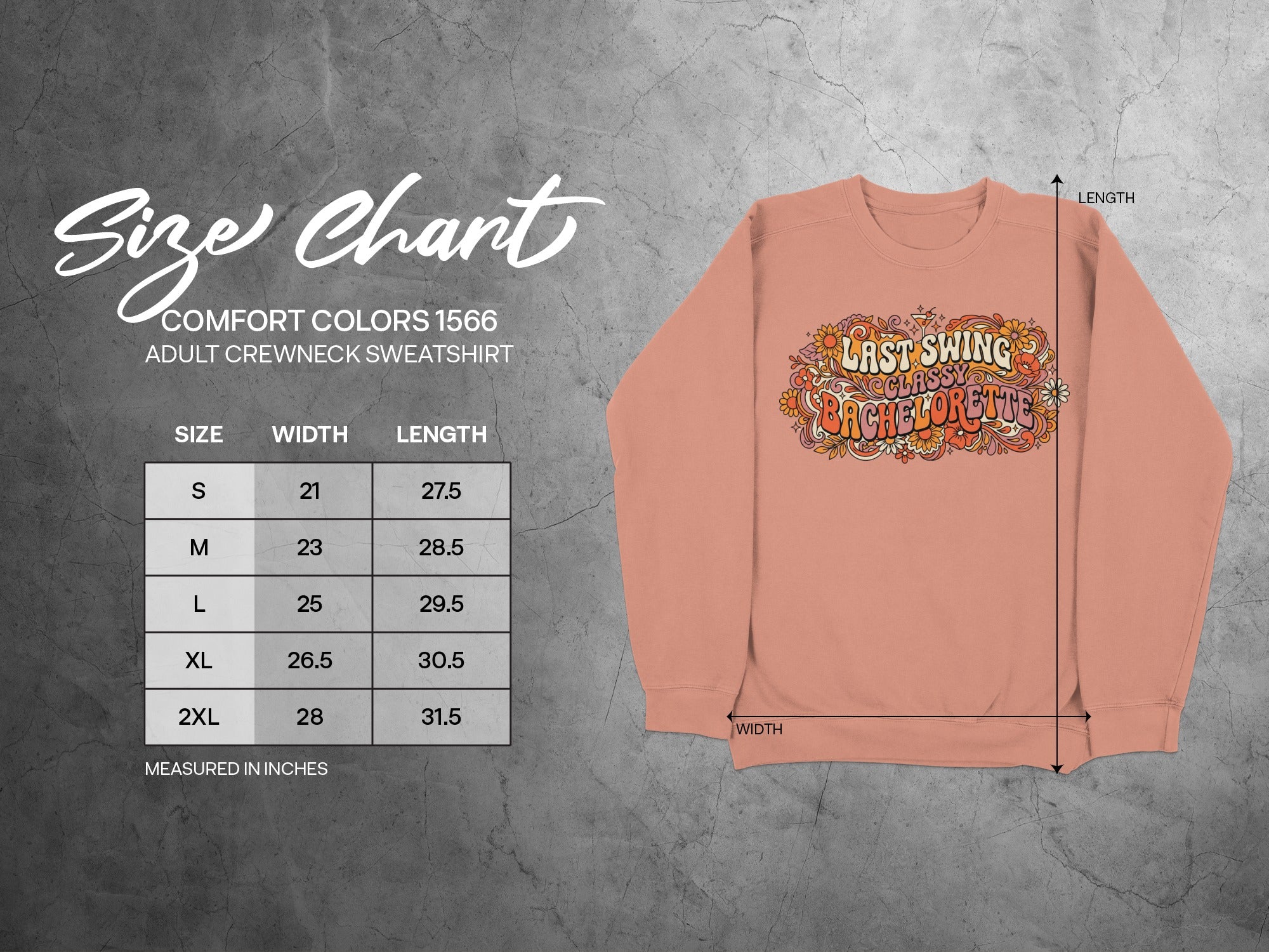 Comfort Colors 1566 sweatshirt size chart with measurements in inches.
