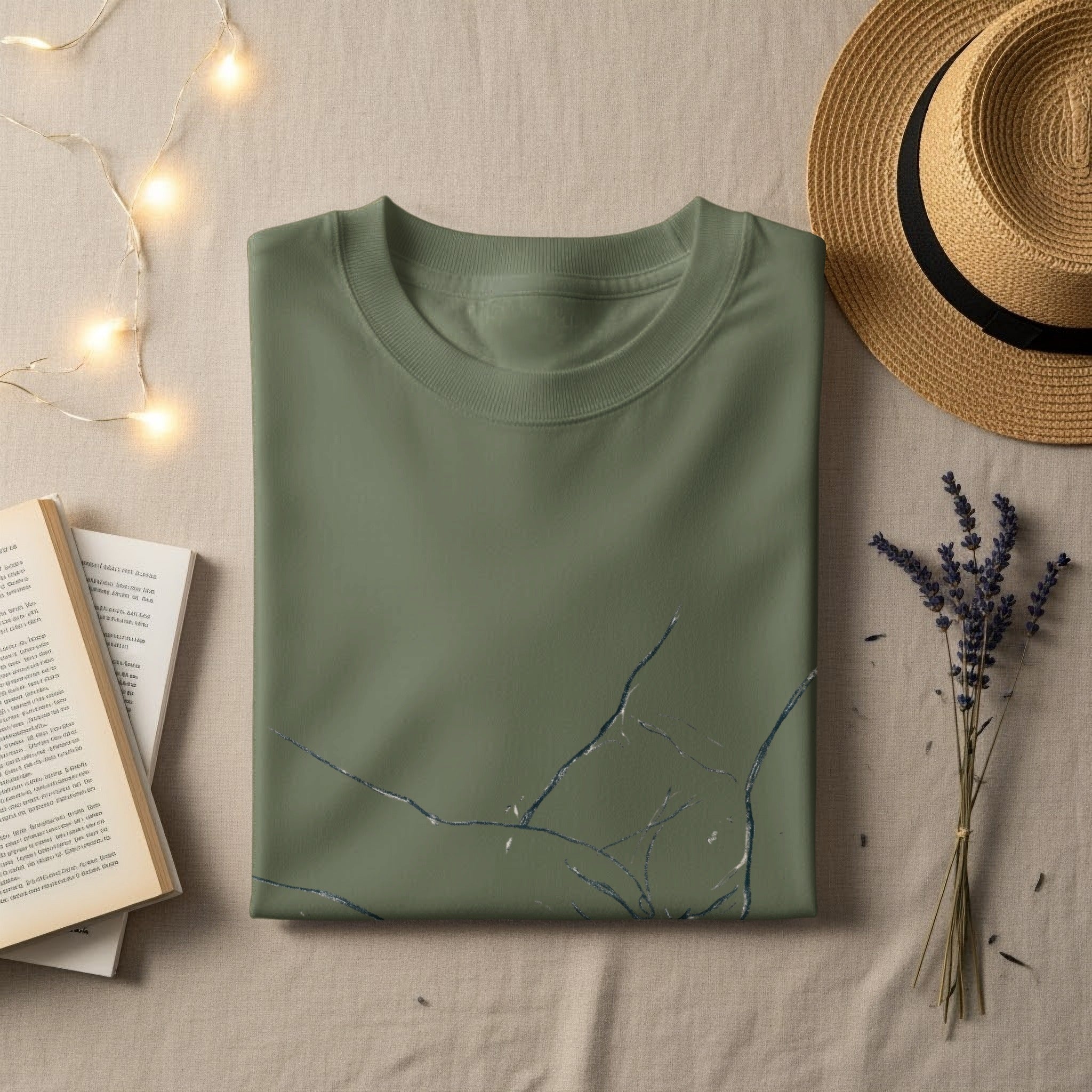 Folded olive green t-shirt with marbled design, book, and straw hat.