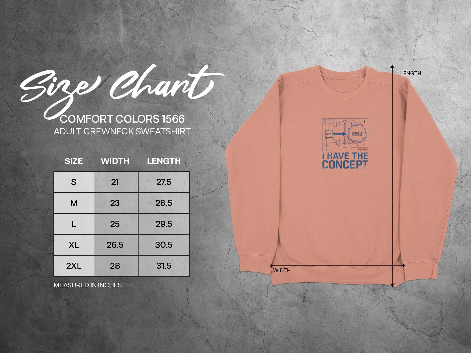 Size chart for Comfort Colors 1566 adult crewneck sweatshirt.