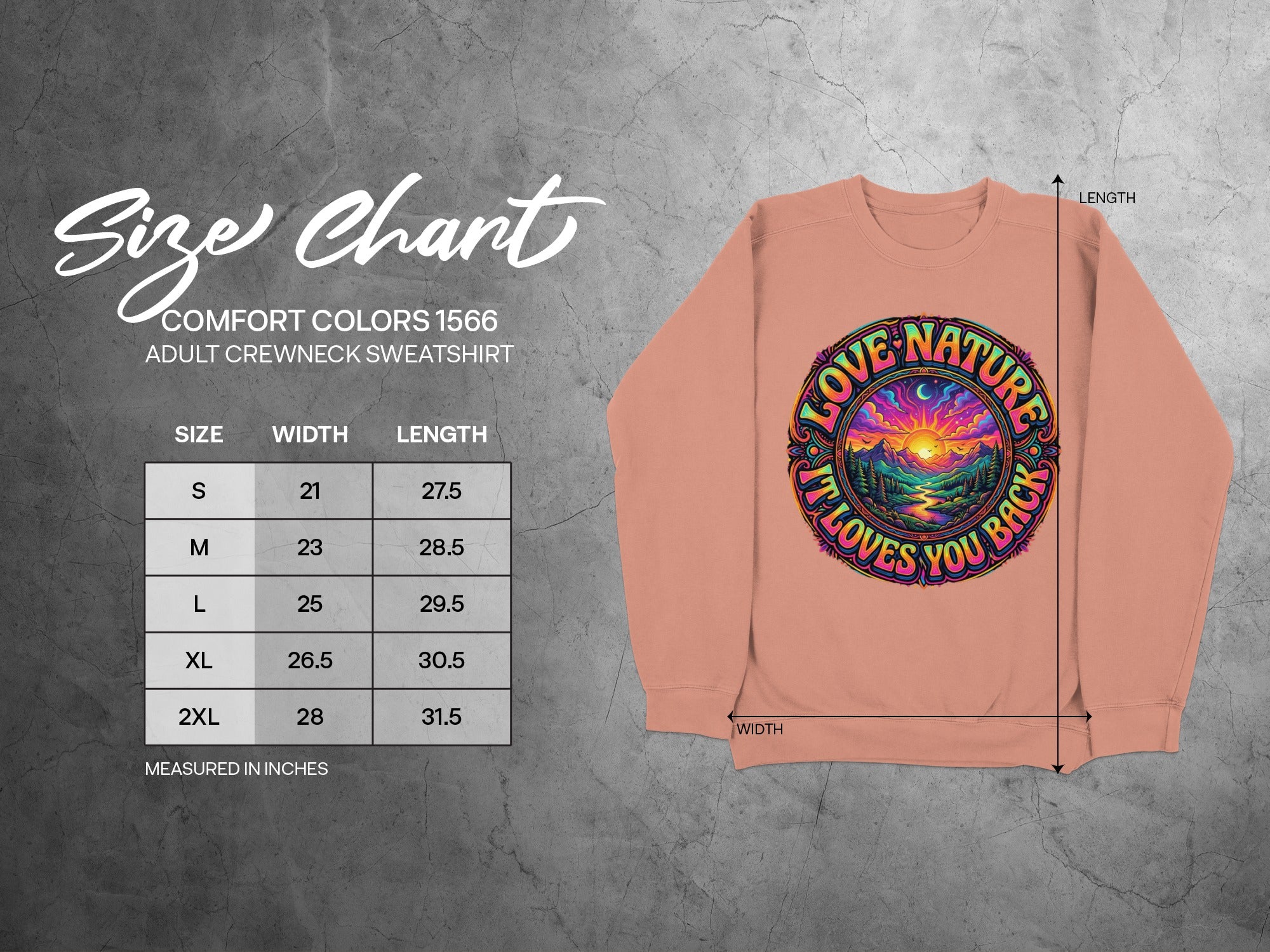 Size chart for Comfort Colors adult crewneck sweatshirt with garment measurements.