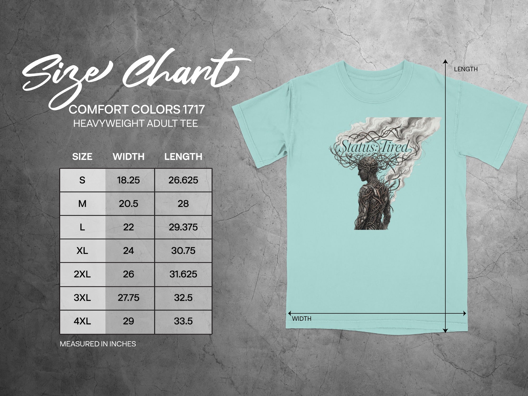 Comfort Colors 1717 heavyweight adult tee size chart with measurements.
