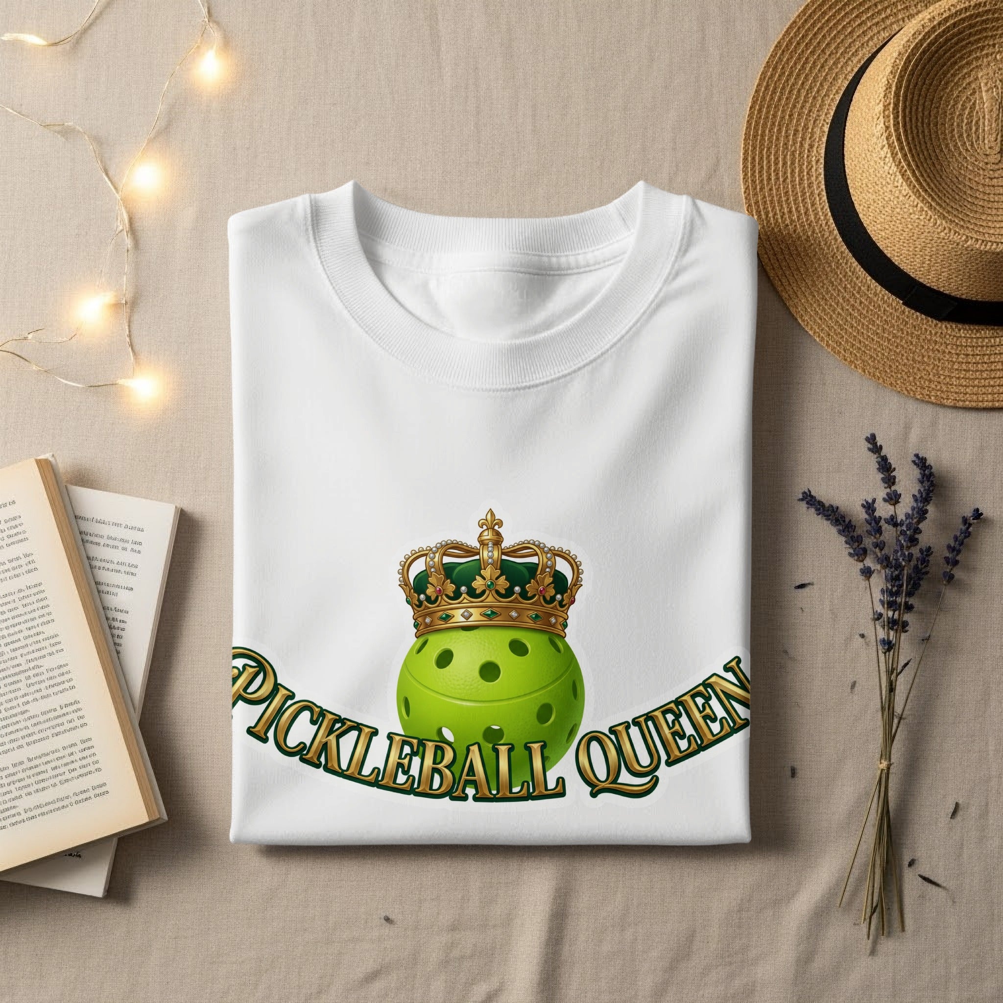 White t-shirt with "Pickleball Queen" and a pickleball wearing a crown.