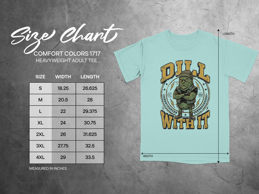 Size chart for Comfort Colors 1717 heavyweight adult tee with measurements in inches.