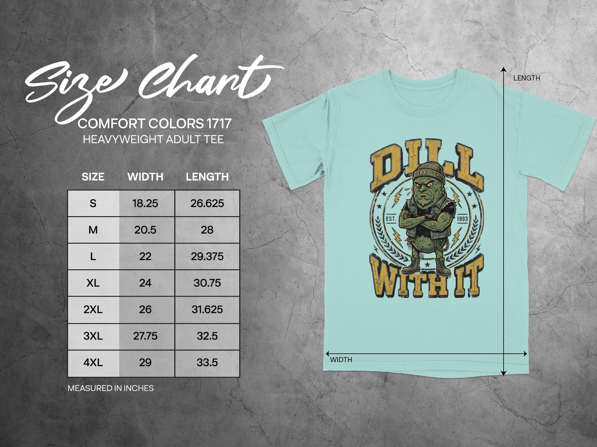 Size chart for Comfort Colors 1717 heavyweight adult tee with measurements in inches.