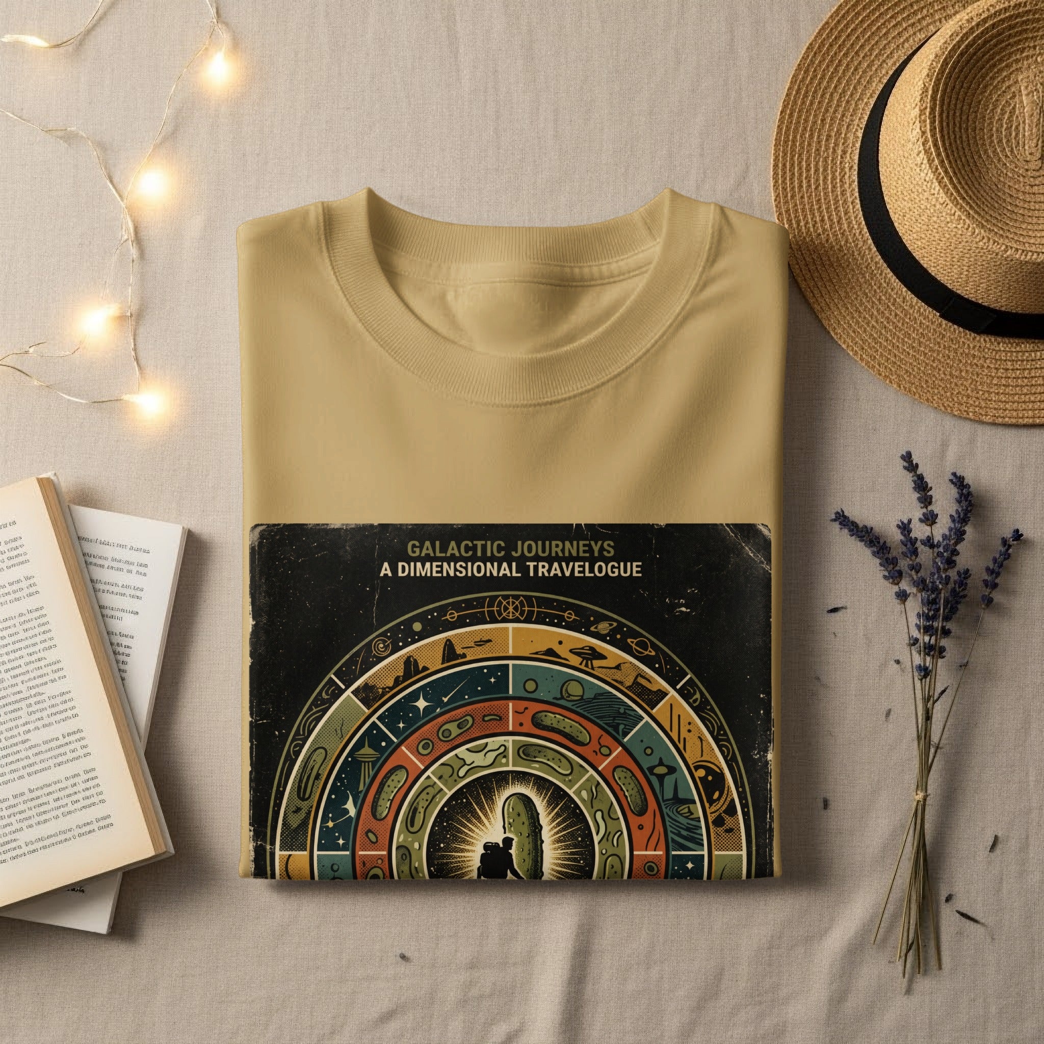 T-shirt with "Galactic Journeys" book cover design.