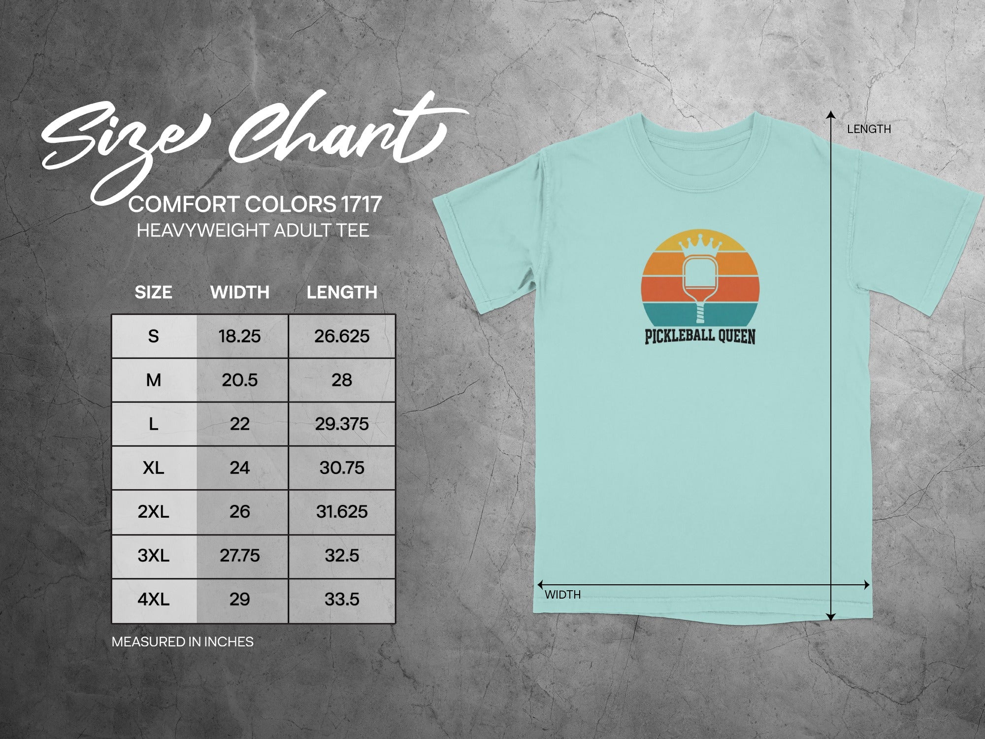 Size chart for Comfort Colors 1717 heavyweight adult tee with measurements.