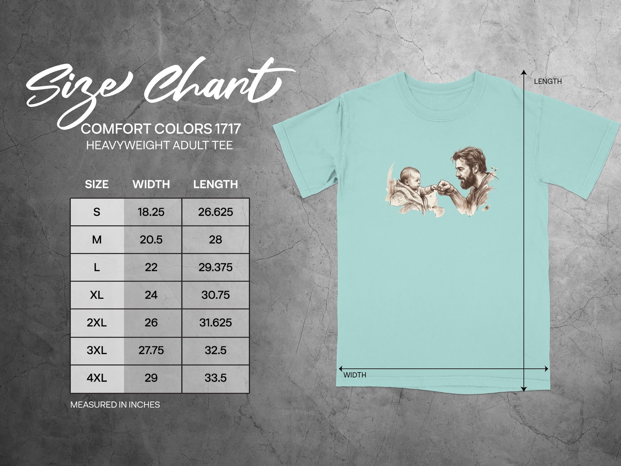 Comfort Colors 1717 adult t-shirt size chart with measurements.