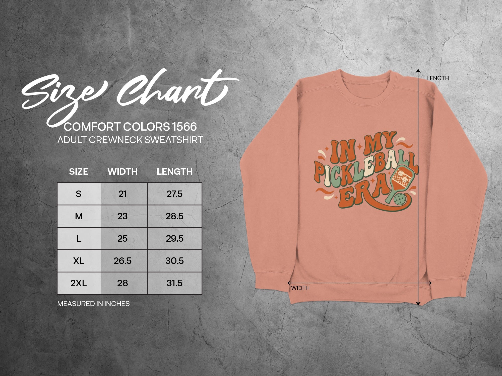 Size chart for Comfort Colors 1566 adult sweatshirt with measurements.