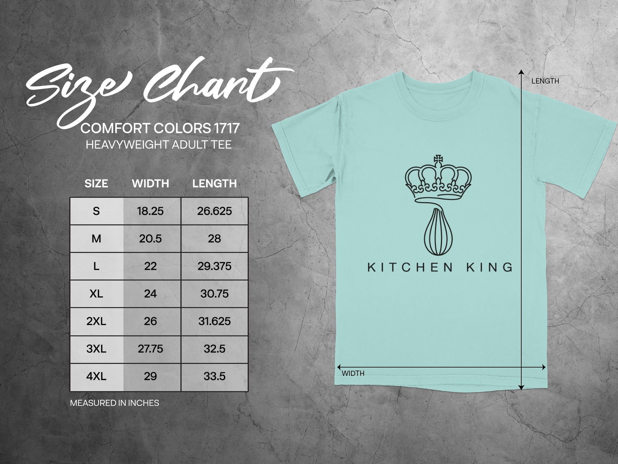 Size chart for Comfort Colors 1717 heavyweight adult tee, with size, width, and length measurements.
