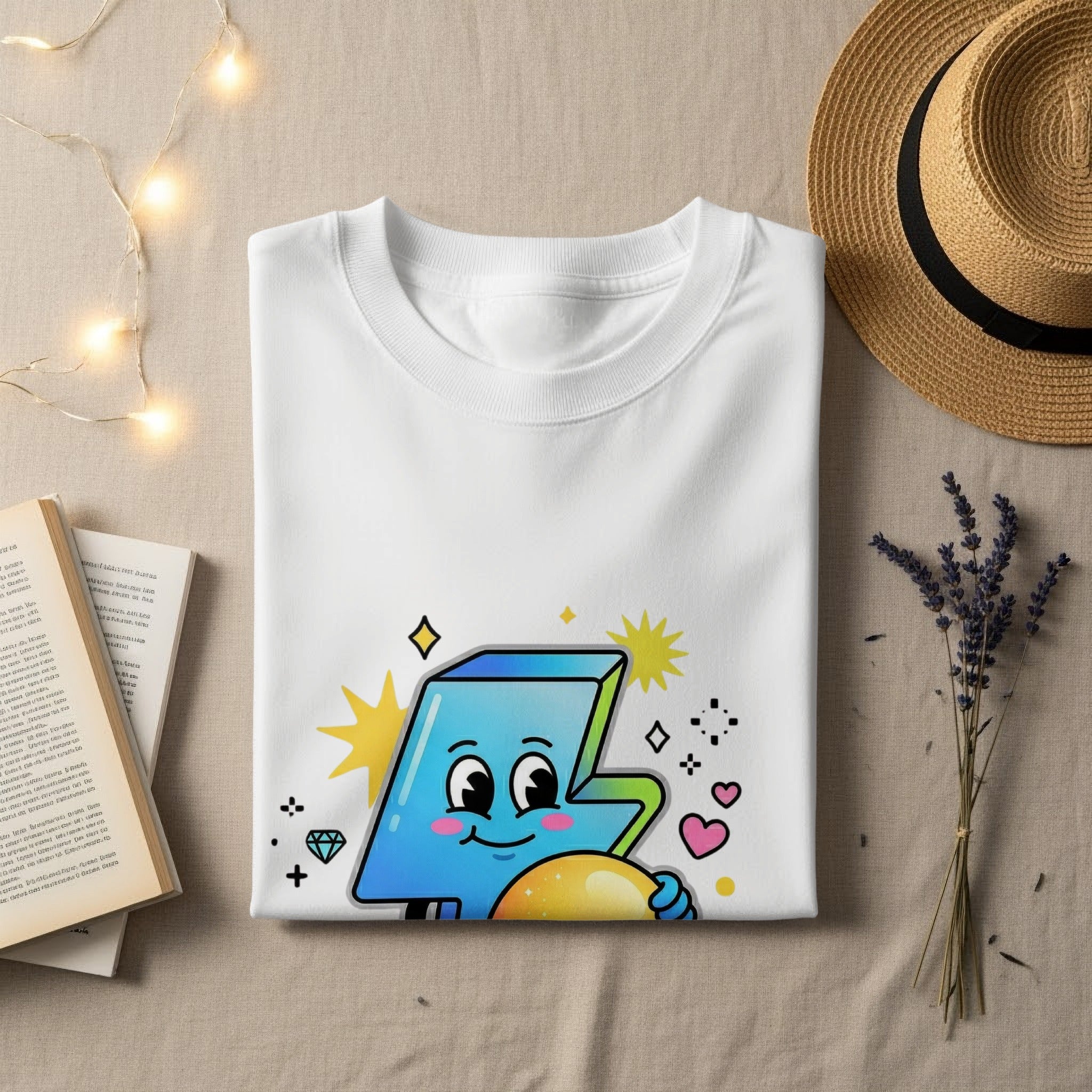 White t-shirt with cartoon lightning bolt character holding a yellow orb.