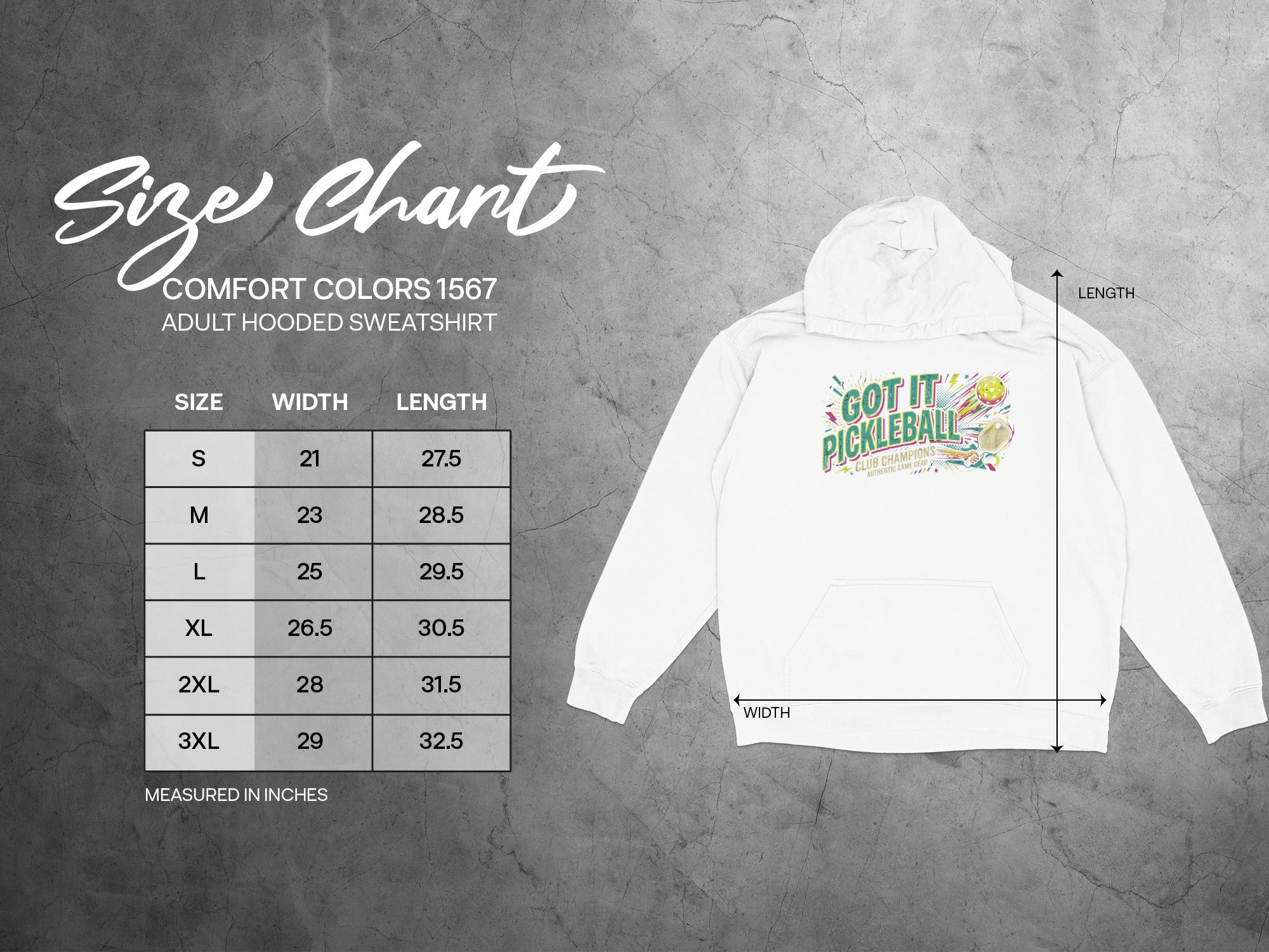 Size chart for Comfort Colors 1567 adult hooded sweatshirt with pickleball graphic.