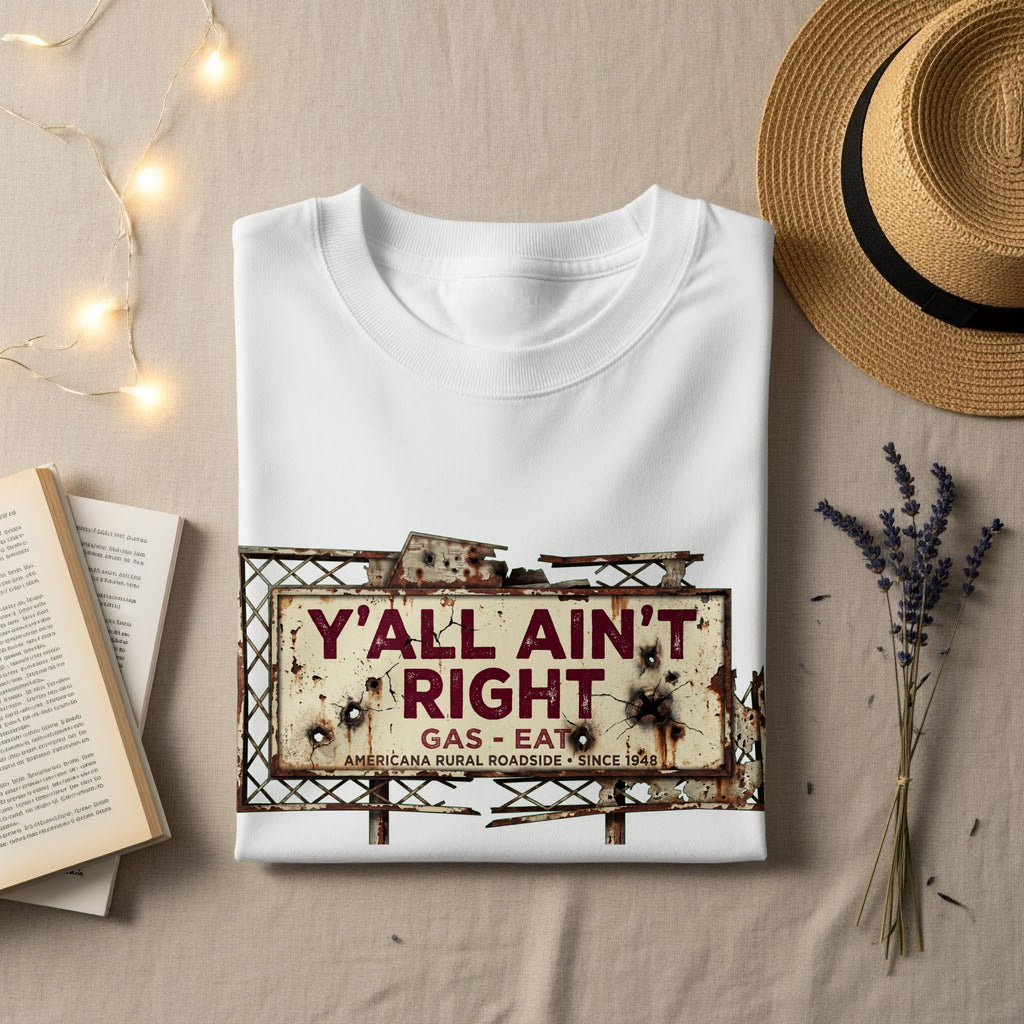 White sweatshirt with distressed "Y'all Ain't Right" gas station sign graphic.