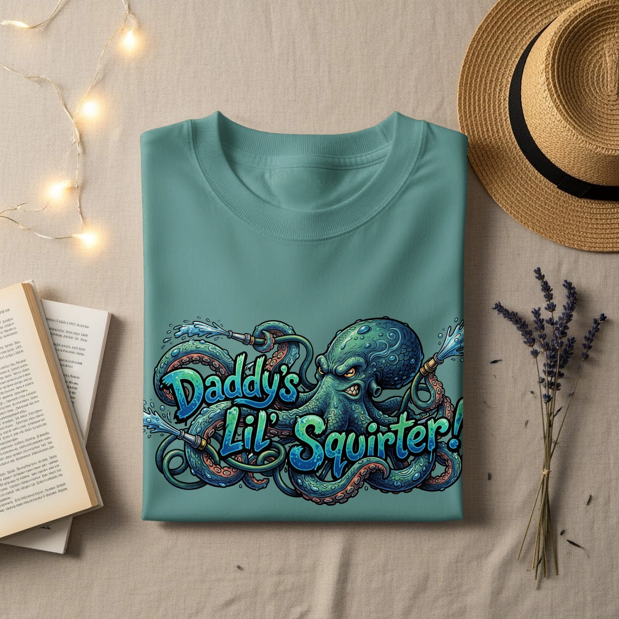 Teal t-shirt with "Daddy's Lil Squirter!" text and an octopus illustration.