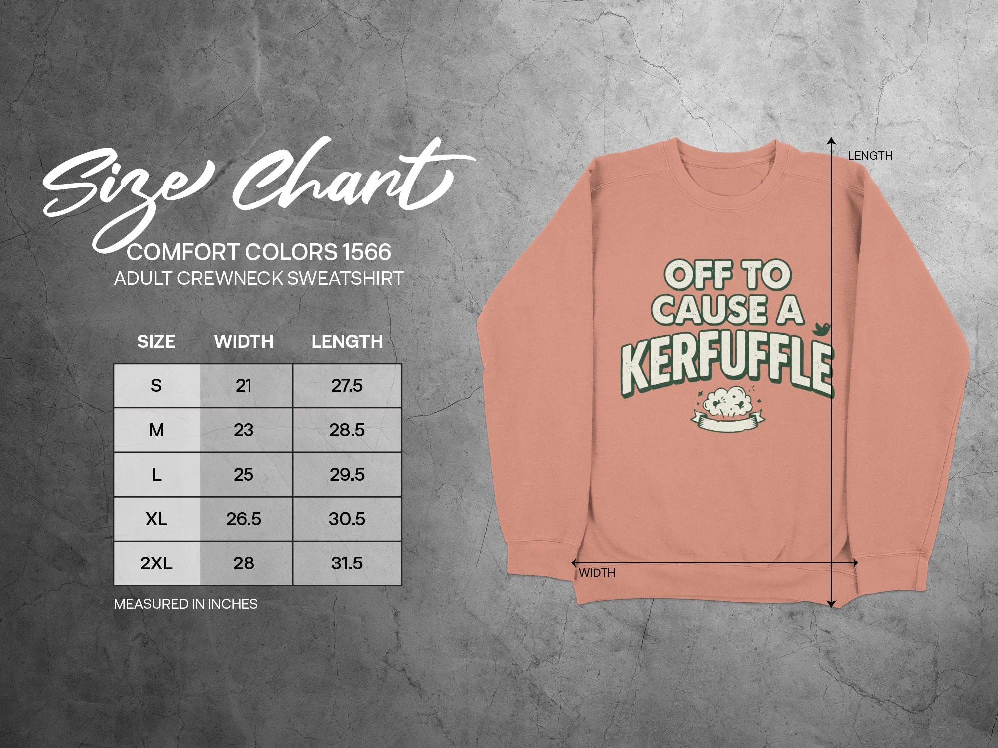 Size chart for Comfort Colors adult crewneck sweatshirt with Kerfuffle graphic.