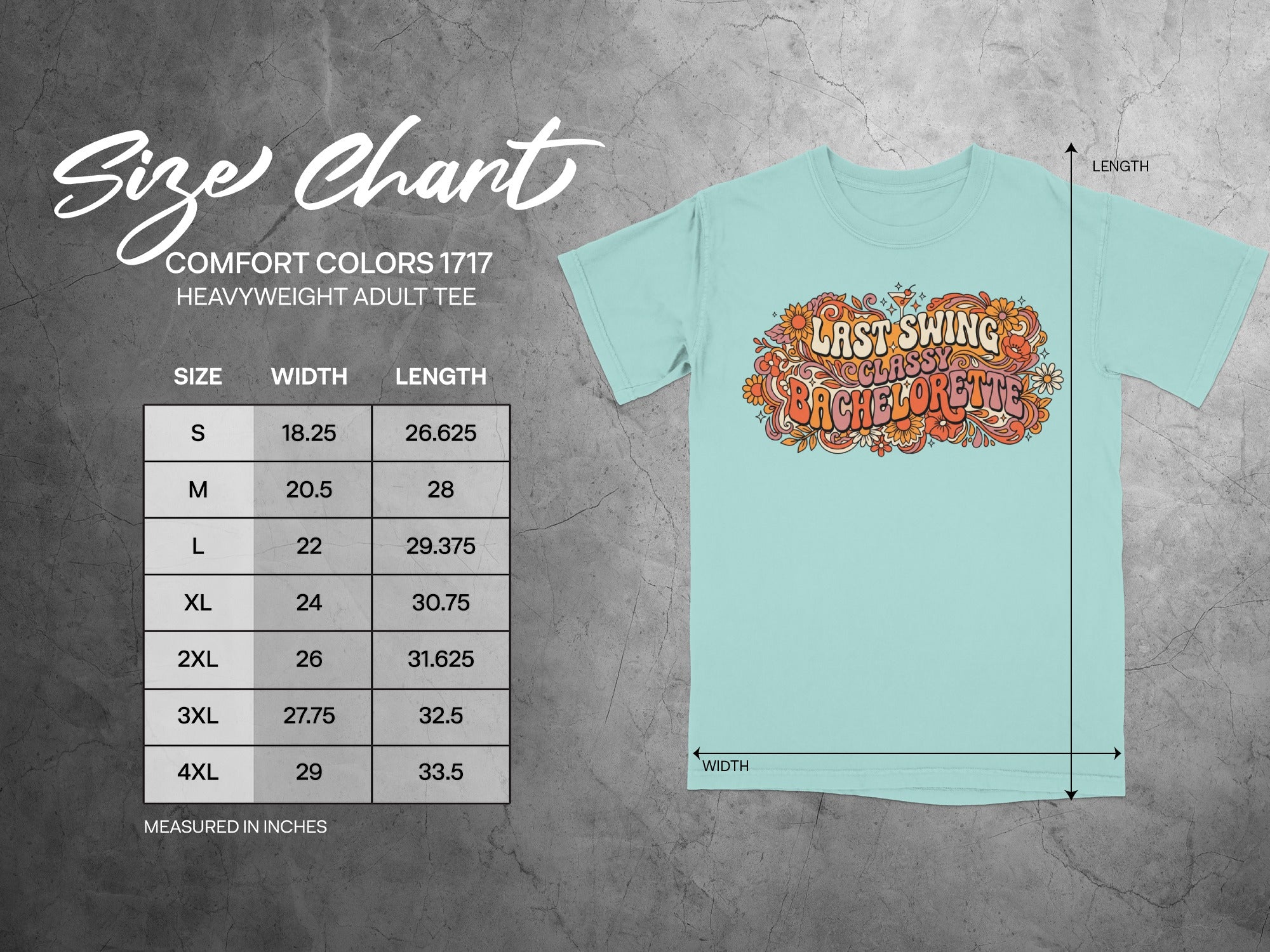 Unisex t-shirt size chart with width and length measurements.