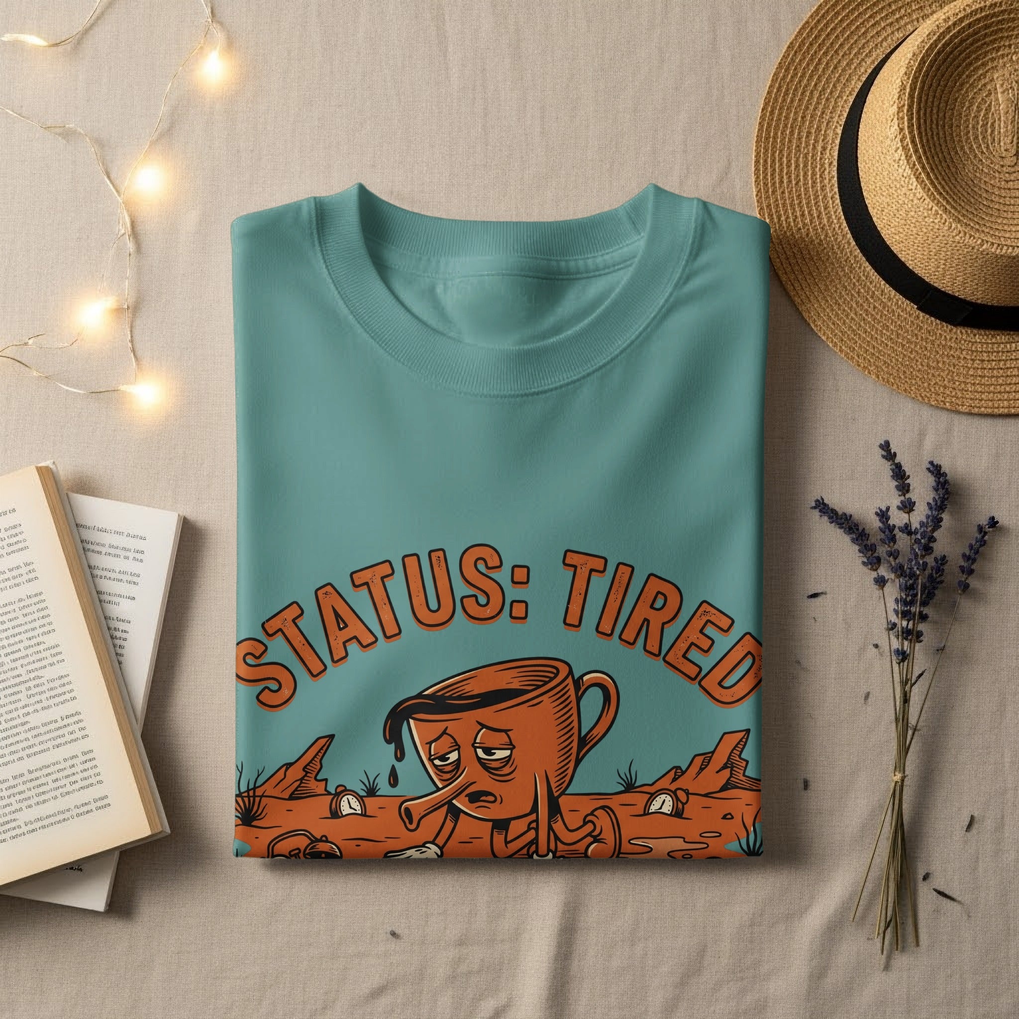 Teal t-shirt with cartoon coffee cup character saying "STATUS: TIRED".