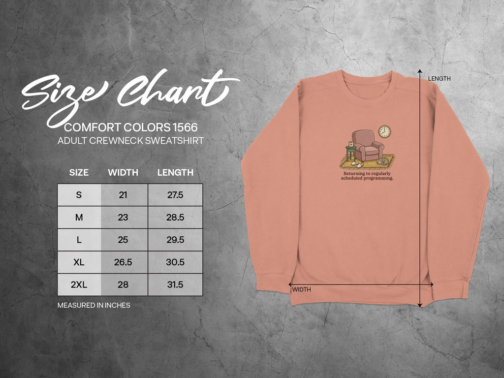 Comfort Colors 1566 adult sweatshirt size chart with width and length measurements.