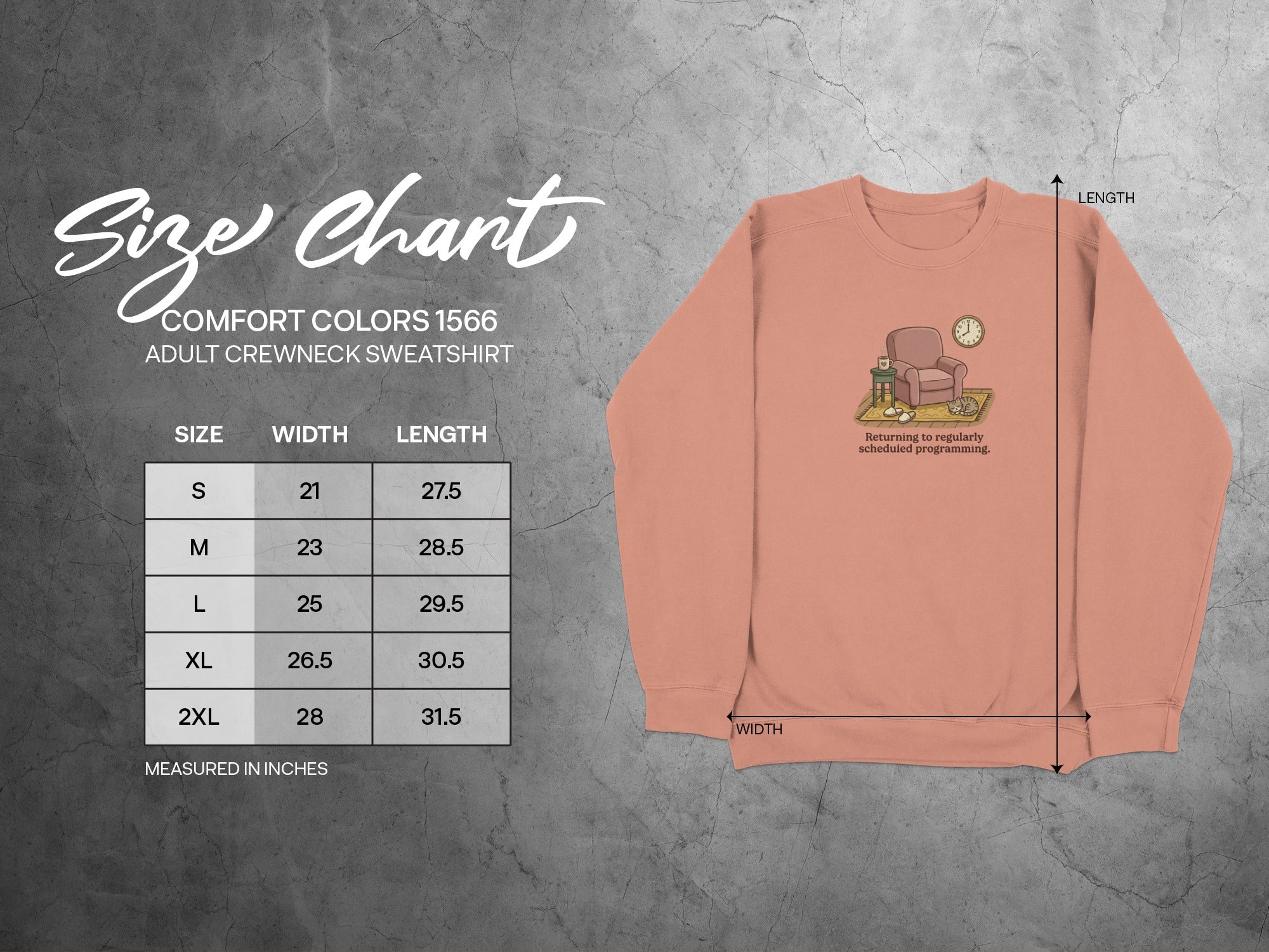 Comfort Colors 1566 adult sweatshirt size chart with width and length measurements.