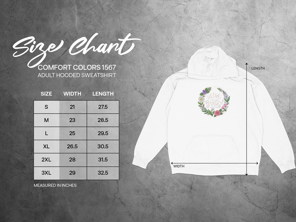 Size chart for Comfort Colors 1567 adult hooded sweatshirt with width and length measurements.