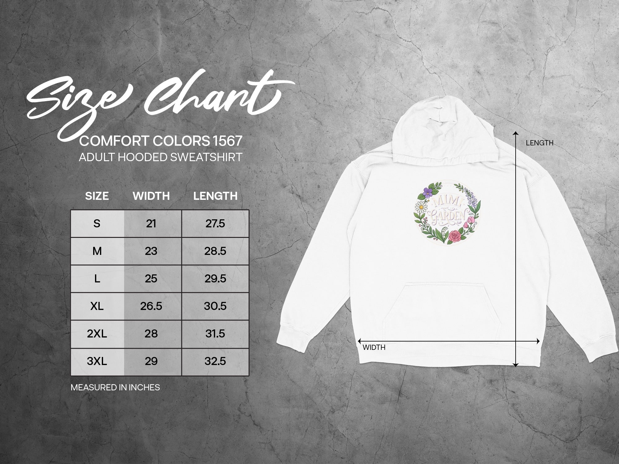 Size chart for Comfort Colors 1567 adult hooded sweatshirt with width and length measurements.