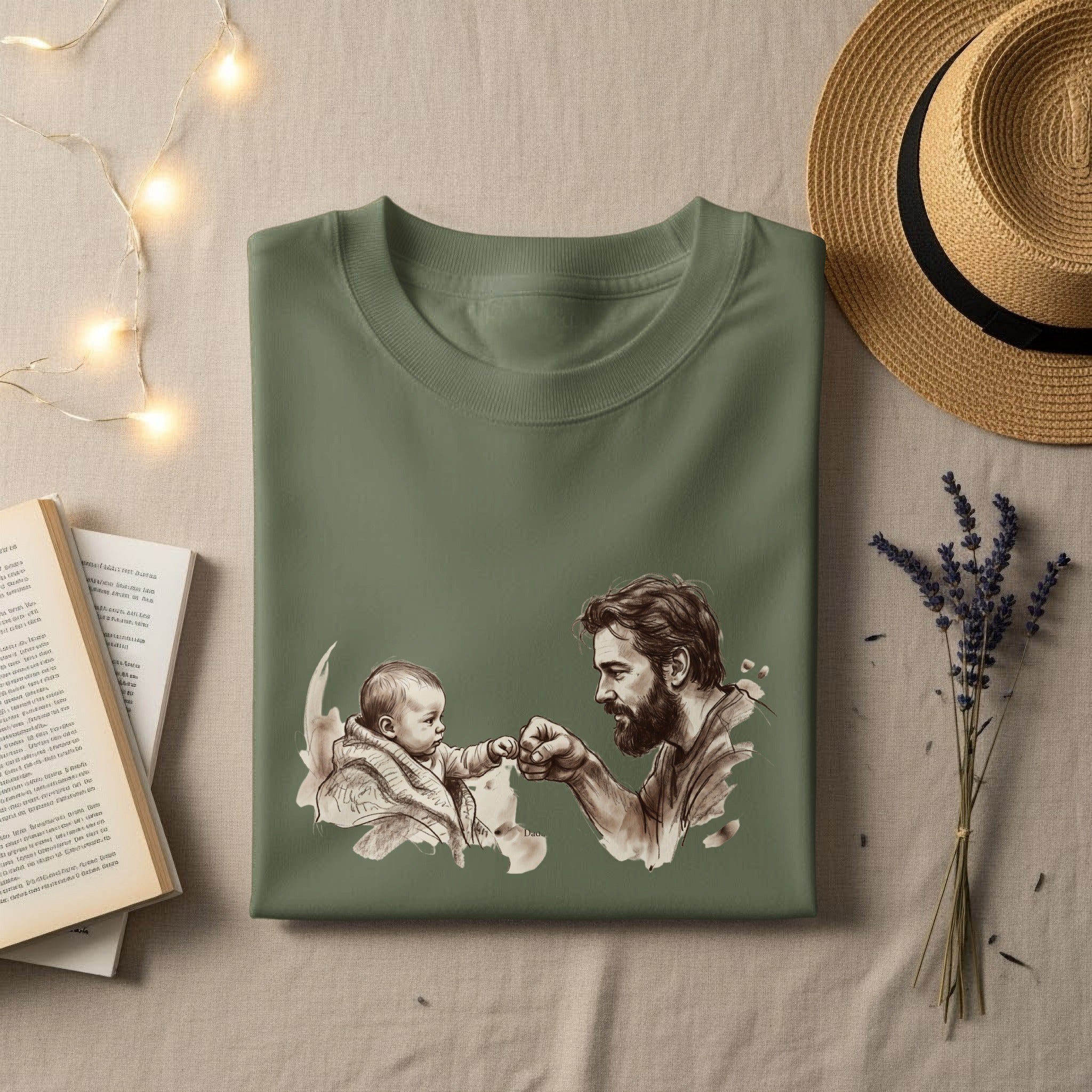 Olive green t-shirt with father and baby fist bump illustration.