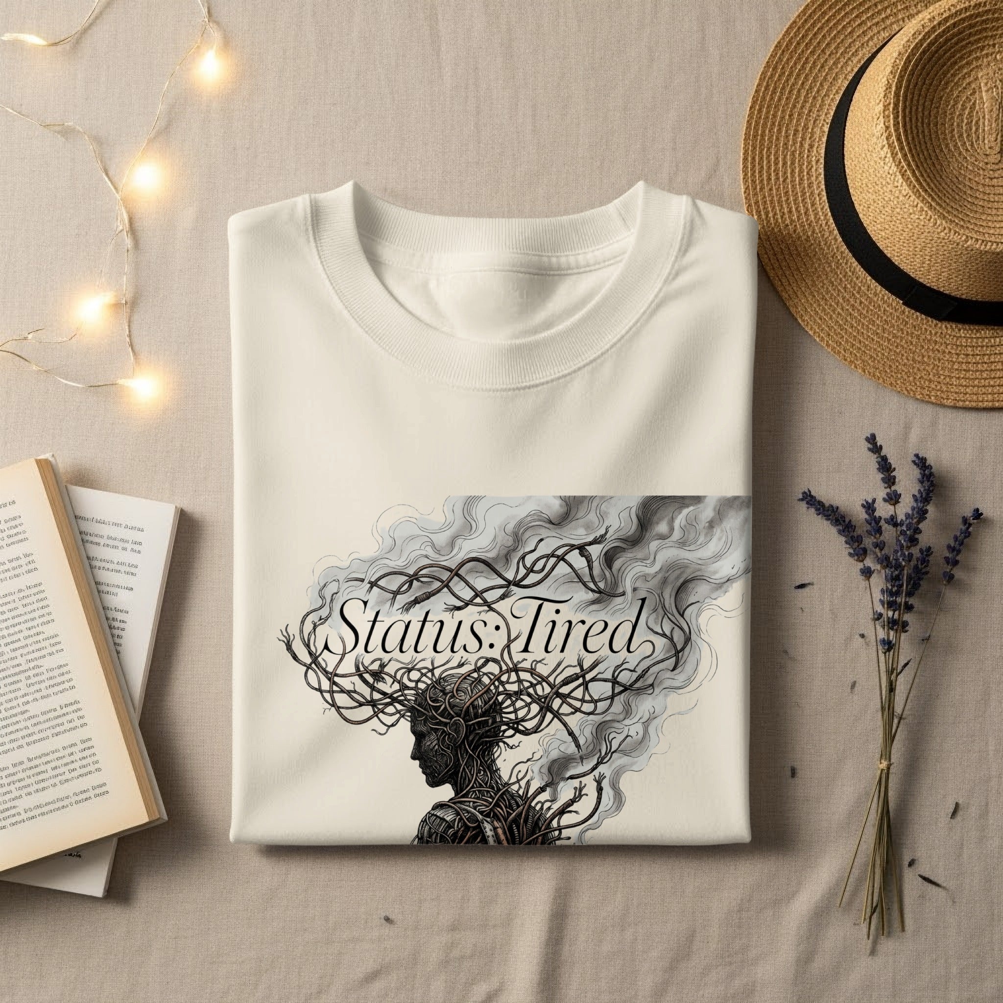 White t-shirt with "Status: Tired" text and abstract swirling hair design.
