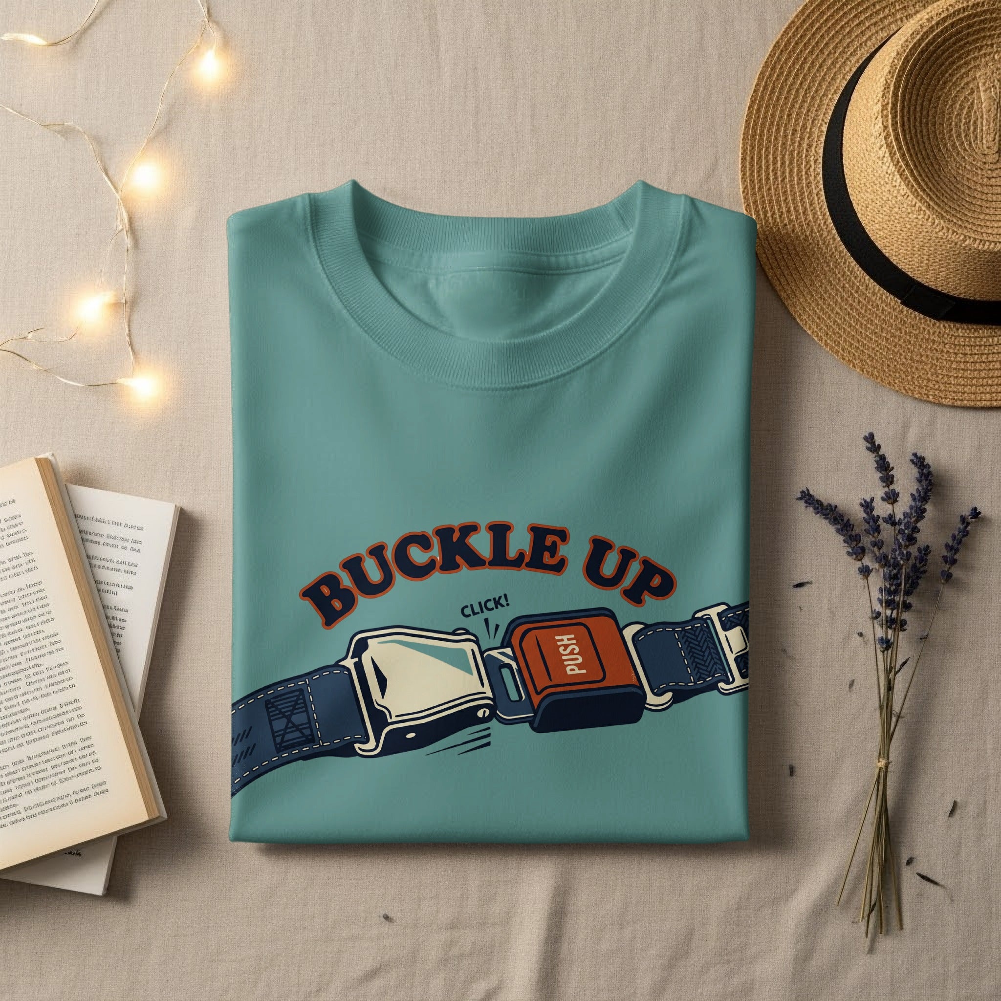 Teal t-shirt with "BUCKLE UP" and a seatbelt buckle graphic.