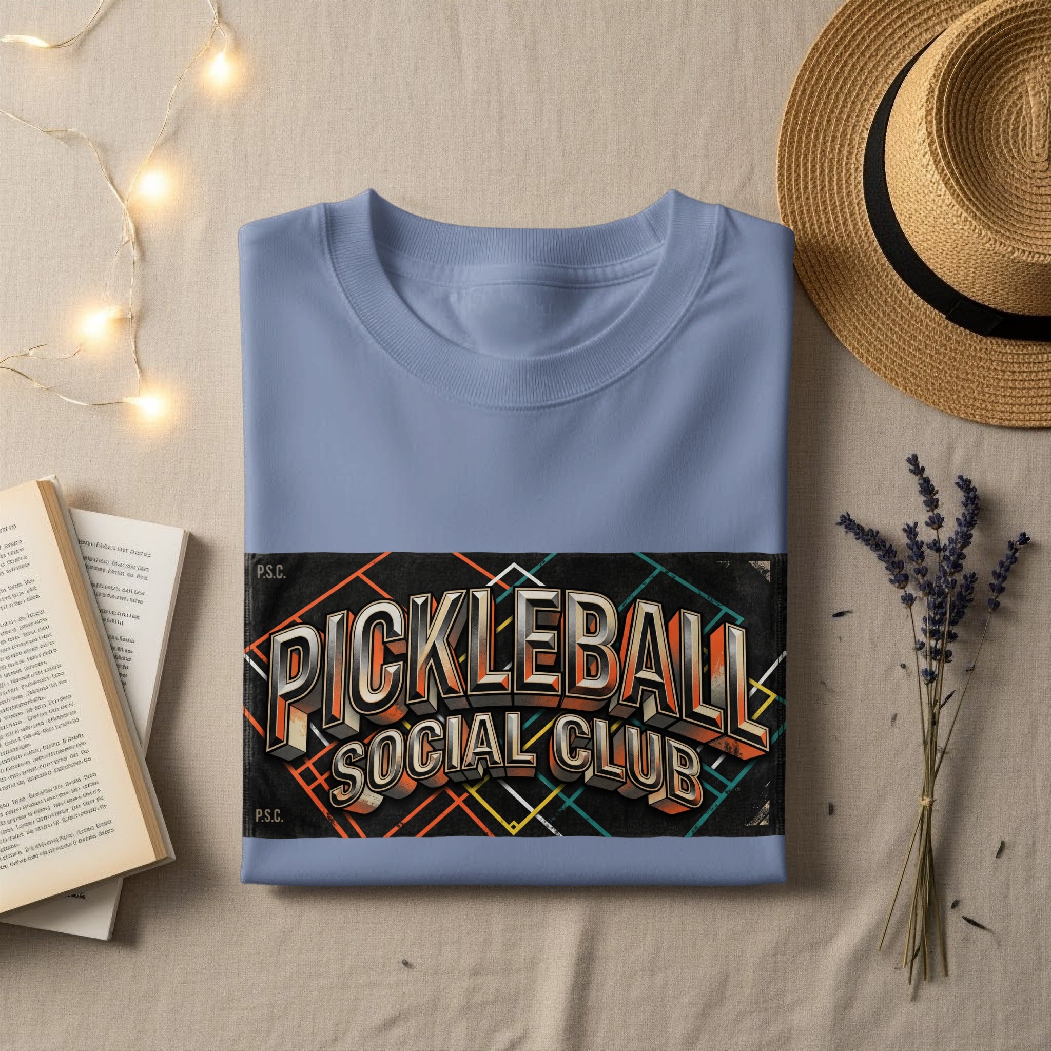 T-shirt with "Pickleball Social Club" in bold, retro lettering.