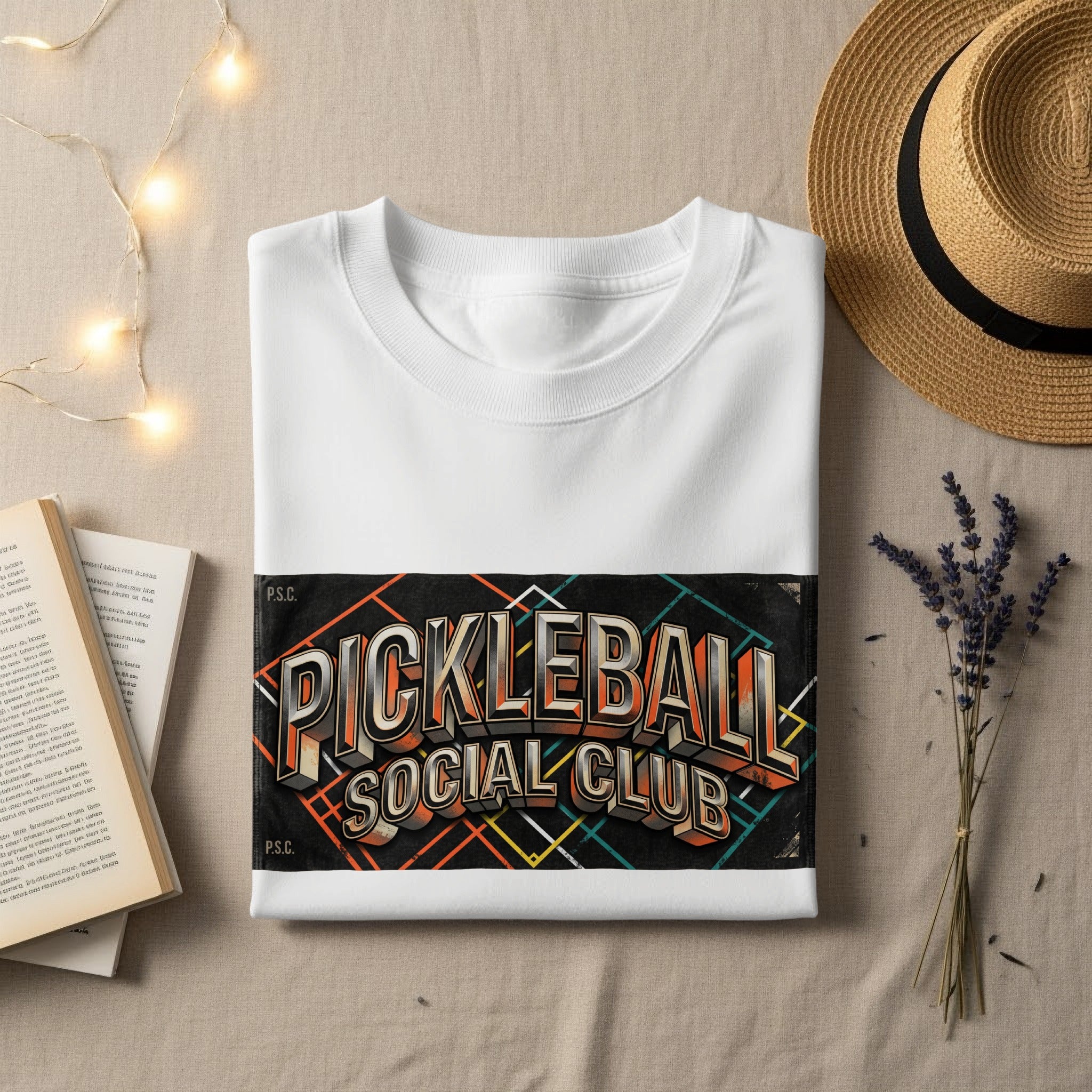 White sweatshirt with "Pickleball Social Club" graphic on distressed background.