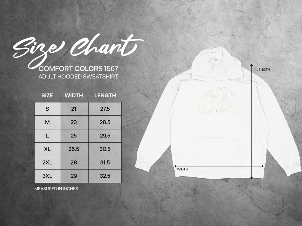 Comfort Colors 1567 adult hooded sweatshirt size chart in inches.