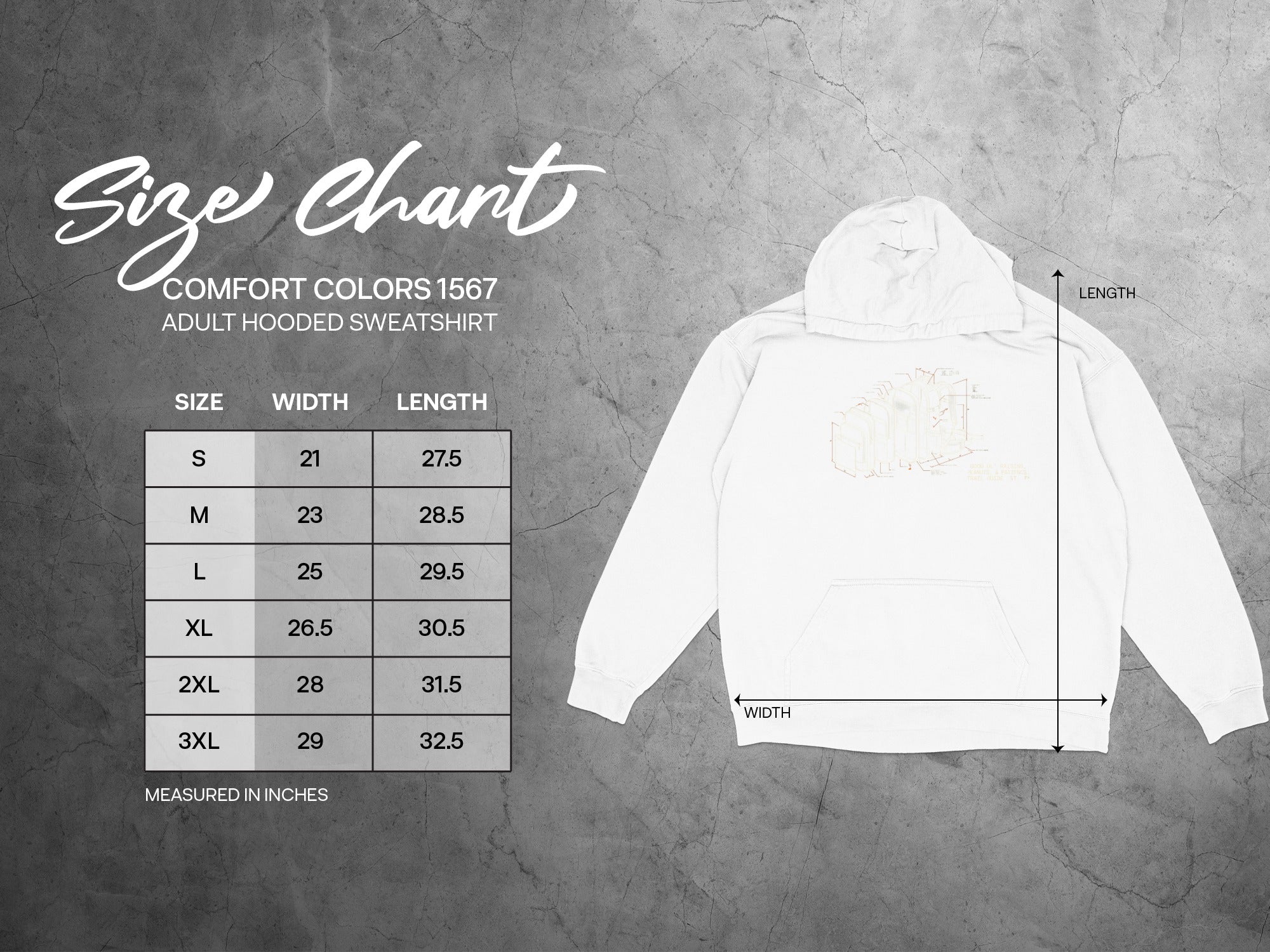 Comfort Colors 1567 adult hooded sweatshirt size chart in inches.