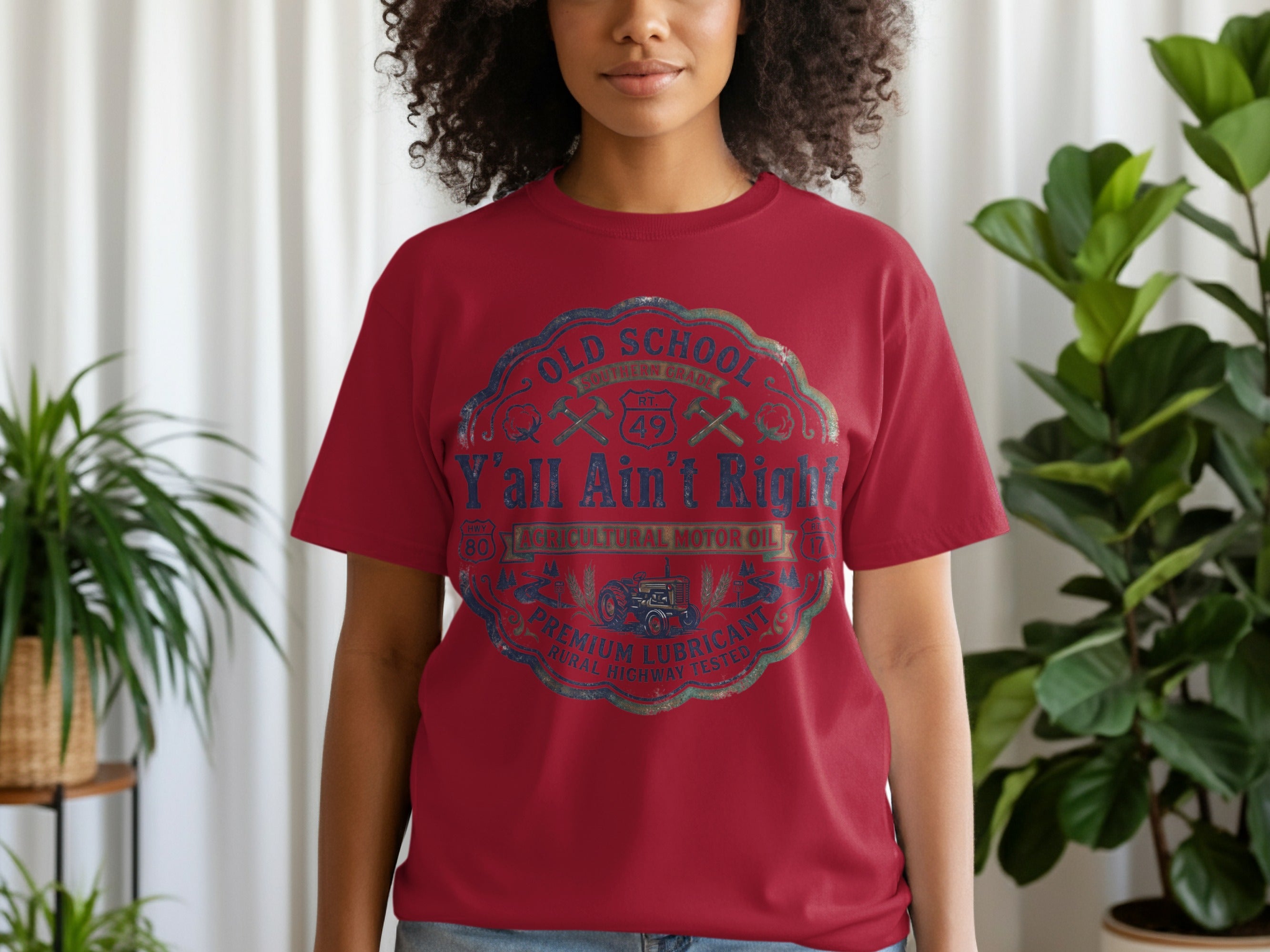 Red t-shirt with distressed "Old School" graphic and agricultural motor oil text.