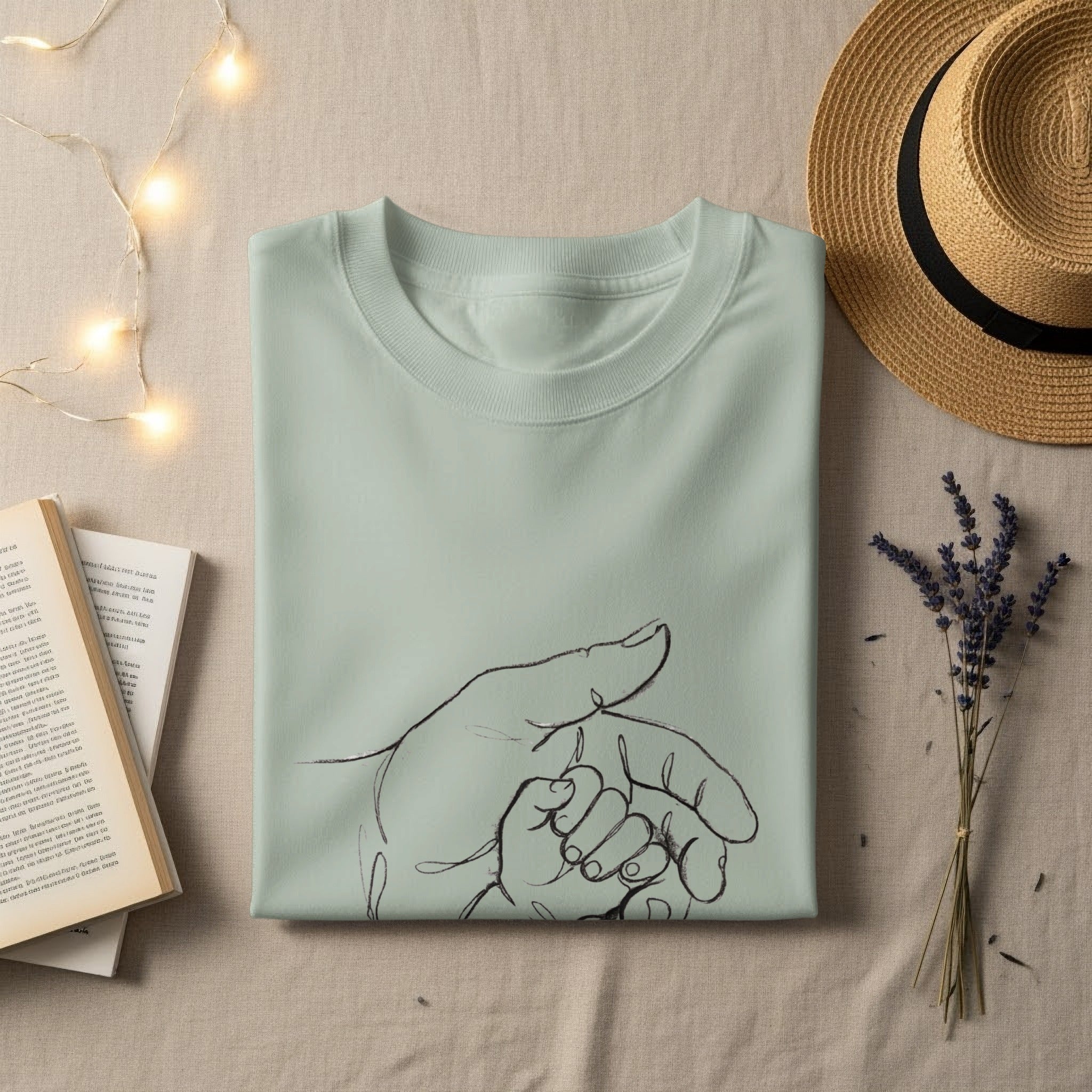 Light green sweatshirt with a line drawing of an adult hand holding a baby's hand.